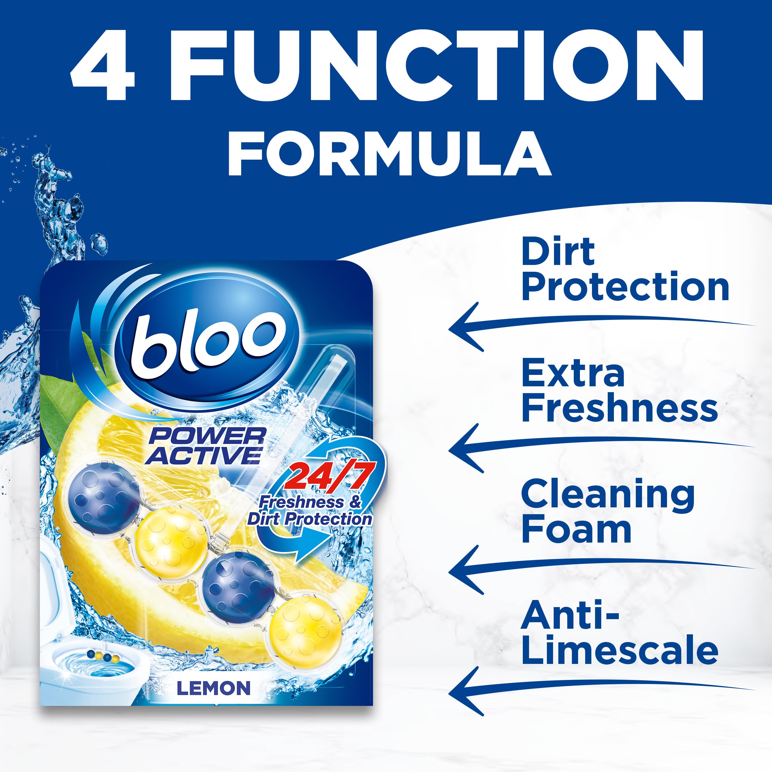 Bloo Power Active Toilet Rim Block Lemon - Anti-Limescale, Cleaning Foam, 150g