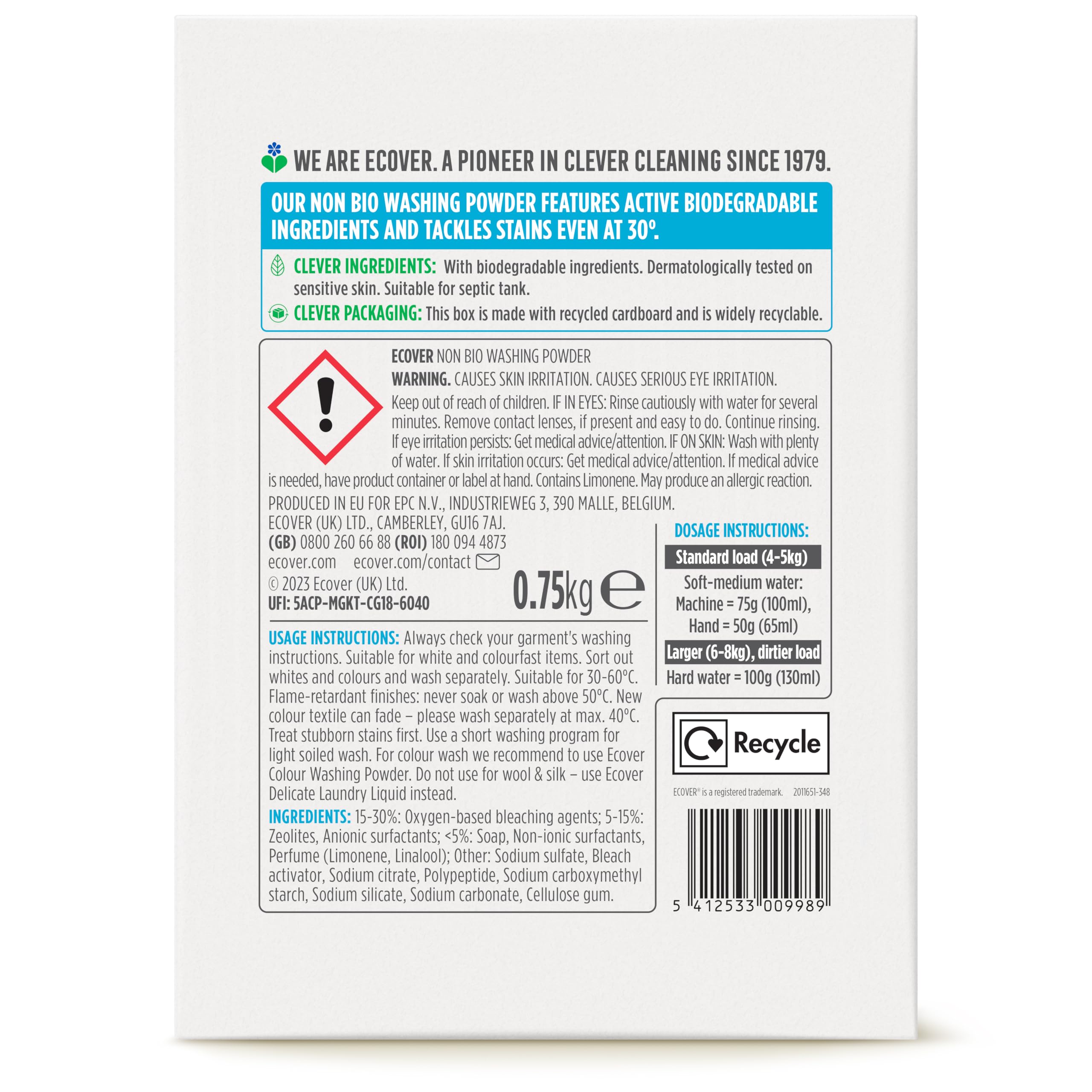 Ecover Zero Non-Bio Laundry Detergent Powder for Sensitive Skin | 750g | No Colouring or Fragrance