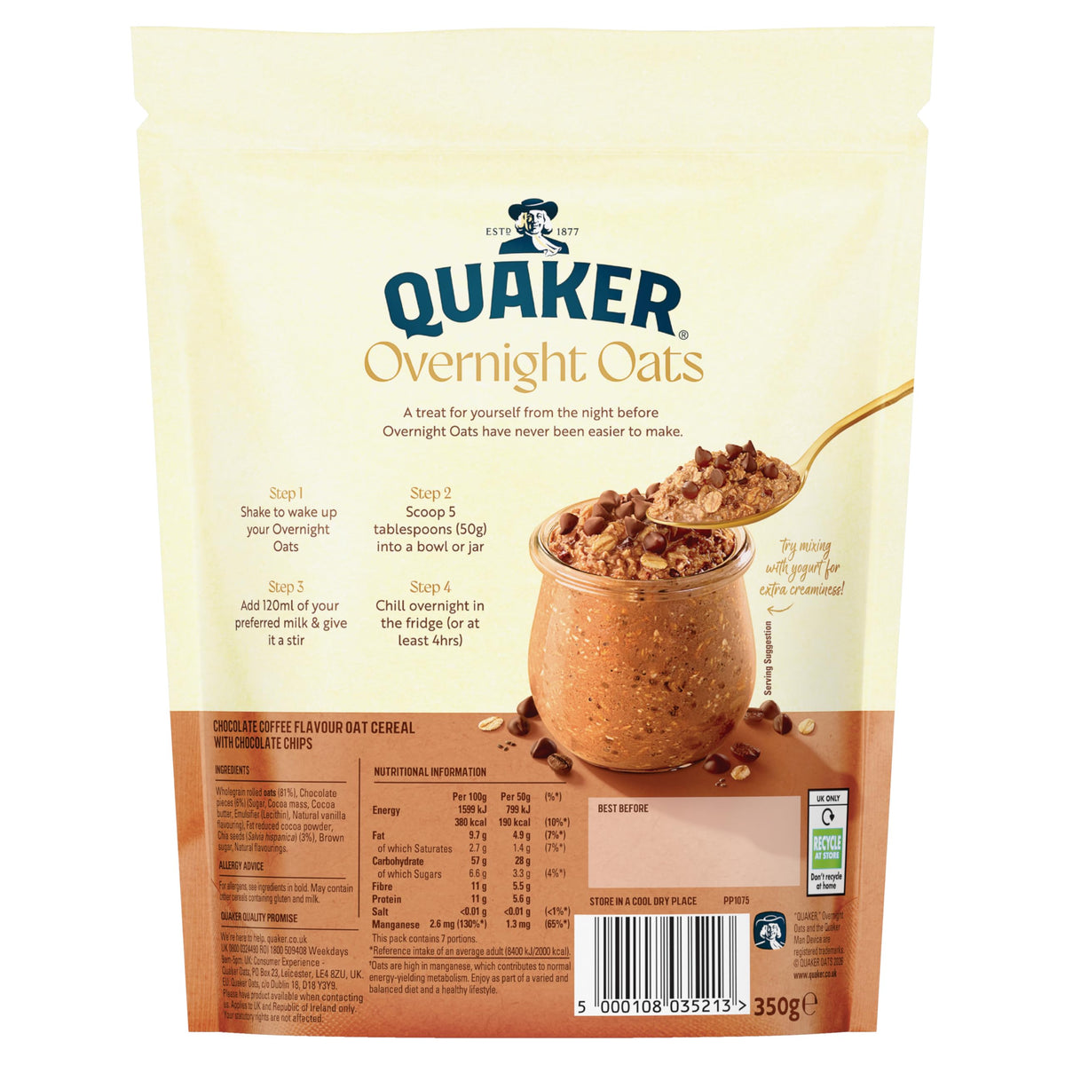 Quaker Overnight Oats Mocha Choc Chip - Source of Fibre | Natural Energy Release | 350g