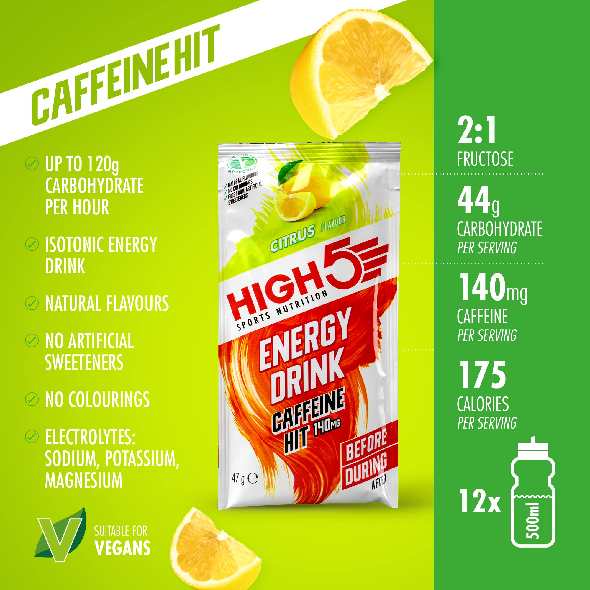 HIGH5 Energy Drink Caffeine Hit Powder - Citrus | Dual Source Carb | 12 x 47g Sachets