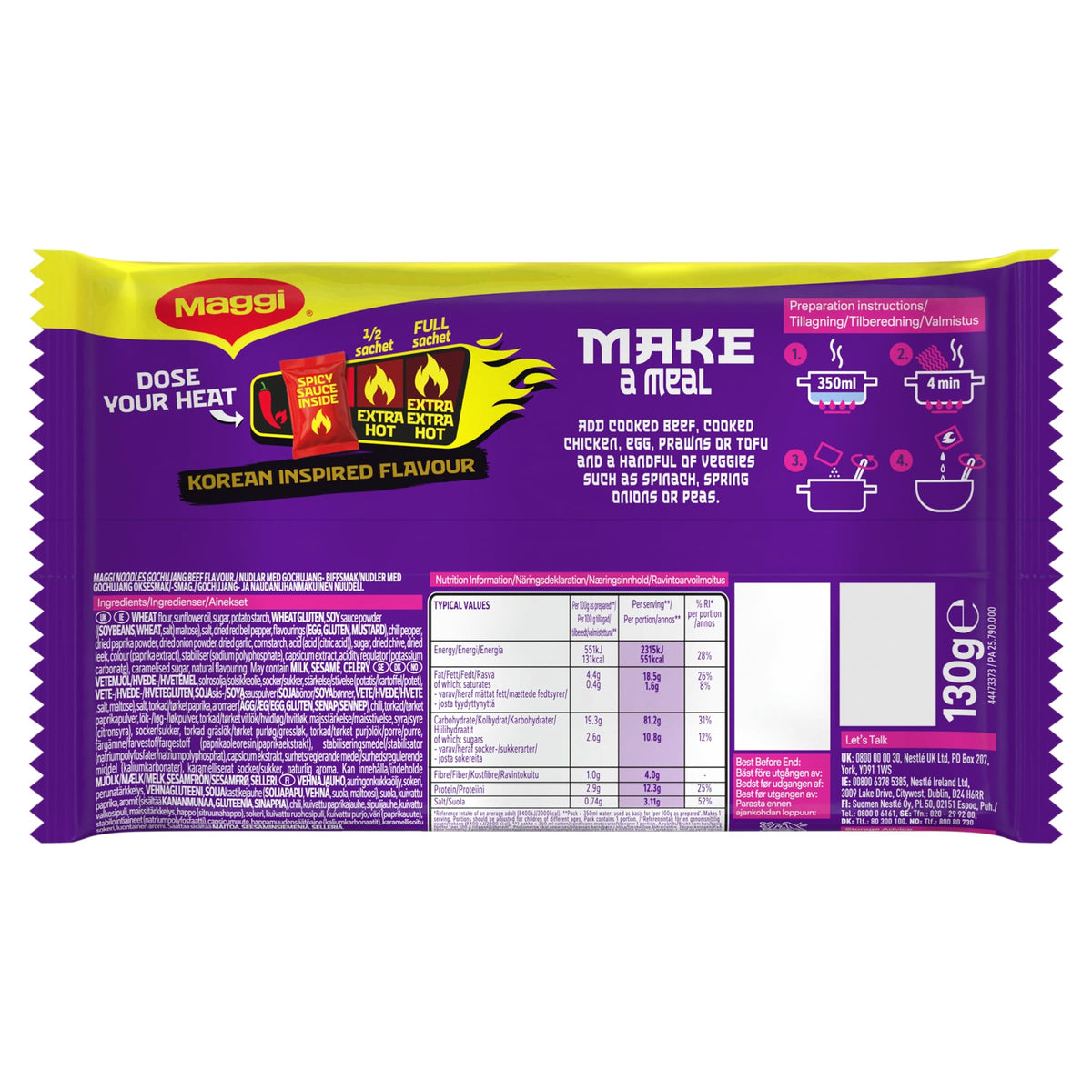 MAGGI Korean Inspired Noodles Gochujang Beef Flavour - 130g - Pack of 6