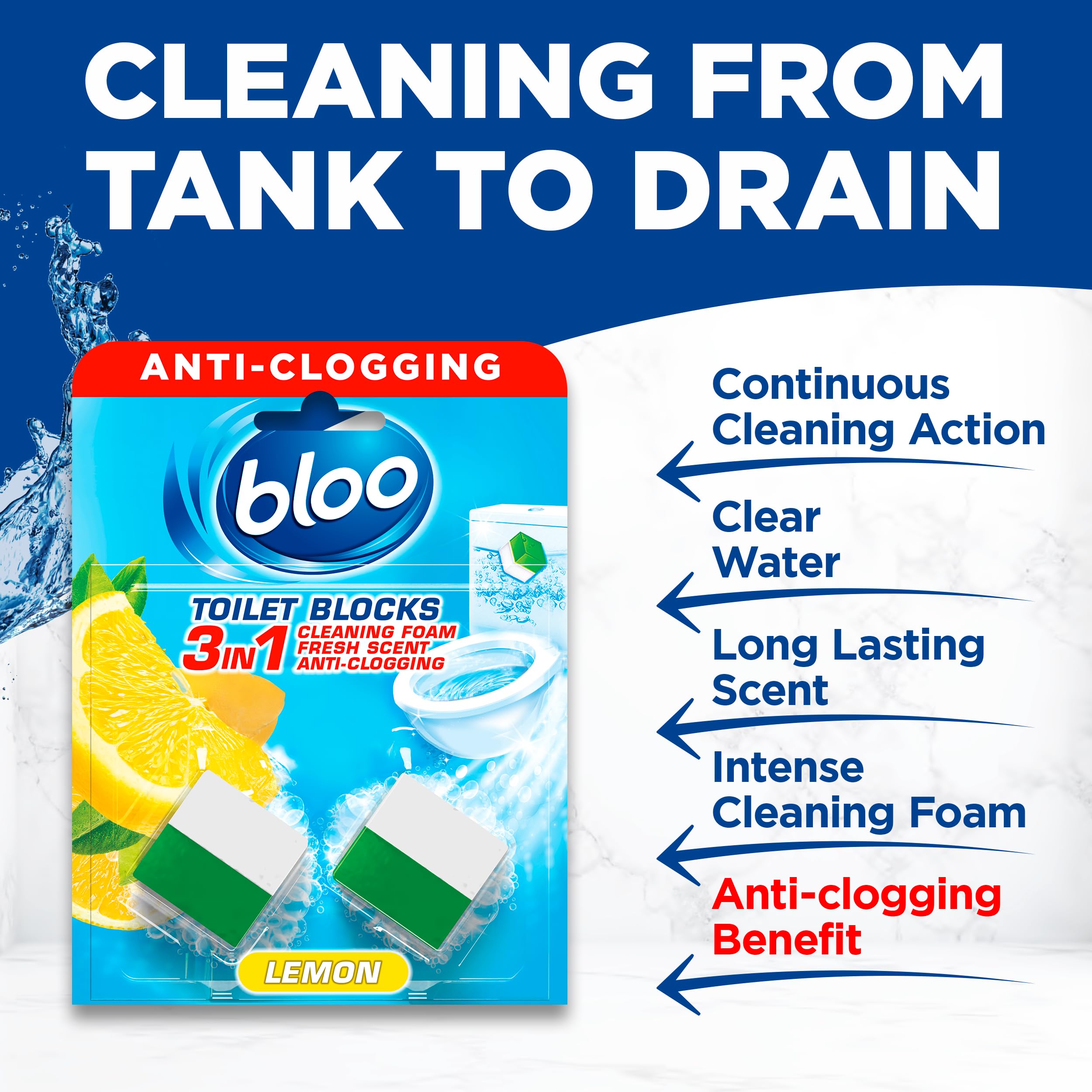 Bloo 3in1 Toilet Blocks Limescale Remover Cistern Block, Lemon Scent, 2 Count Pack
