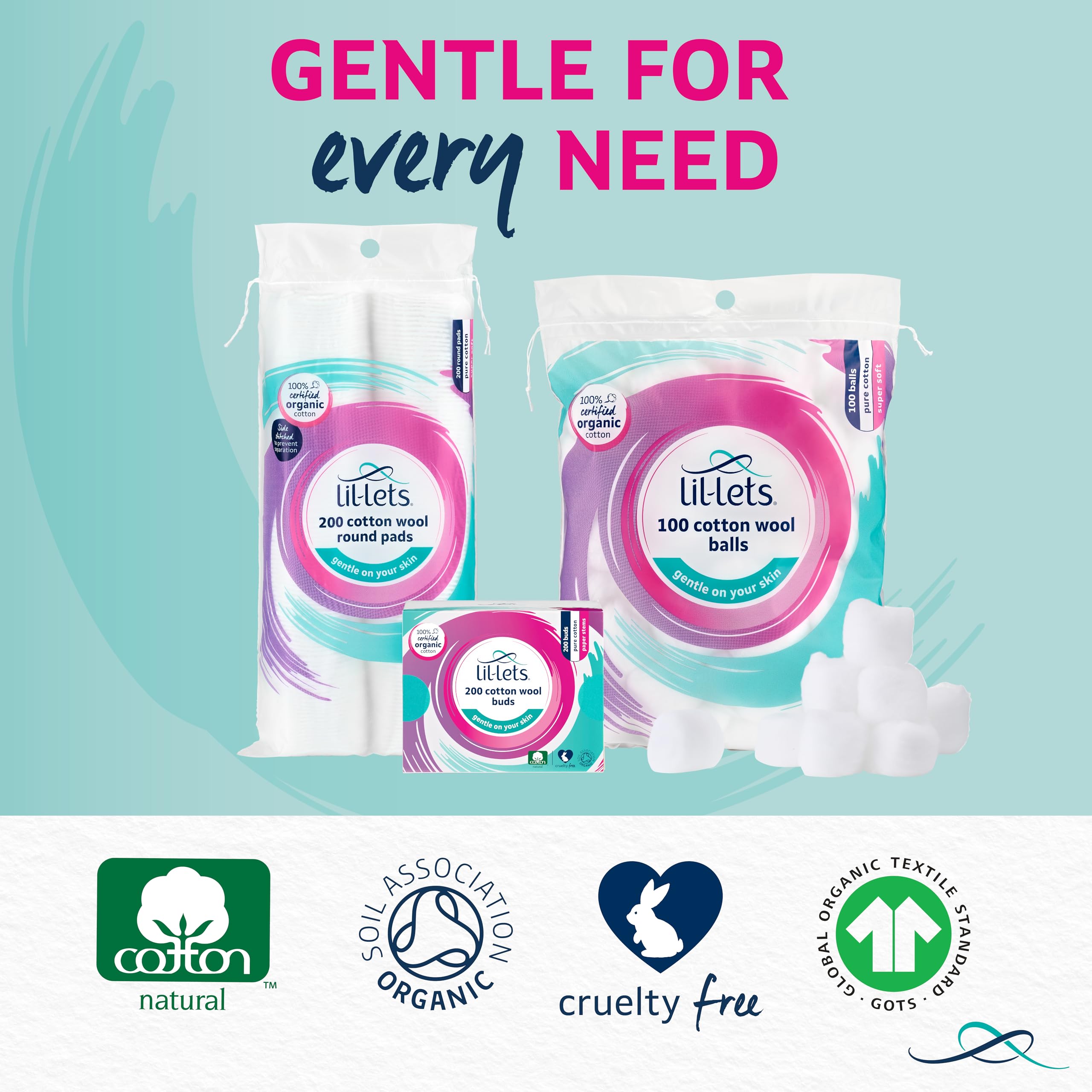 Lil-Lets Cotton Wool Balls - 100% Pure Organic Cotton, 100 Count