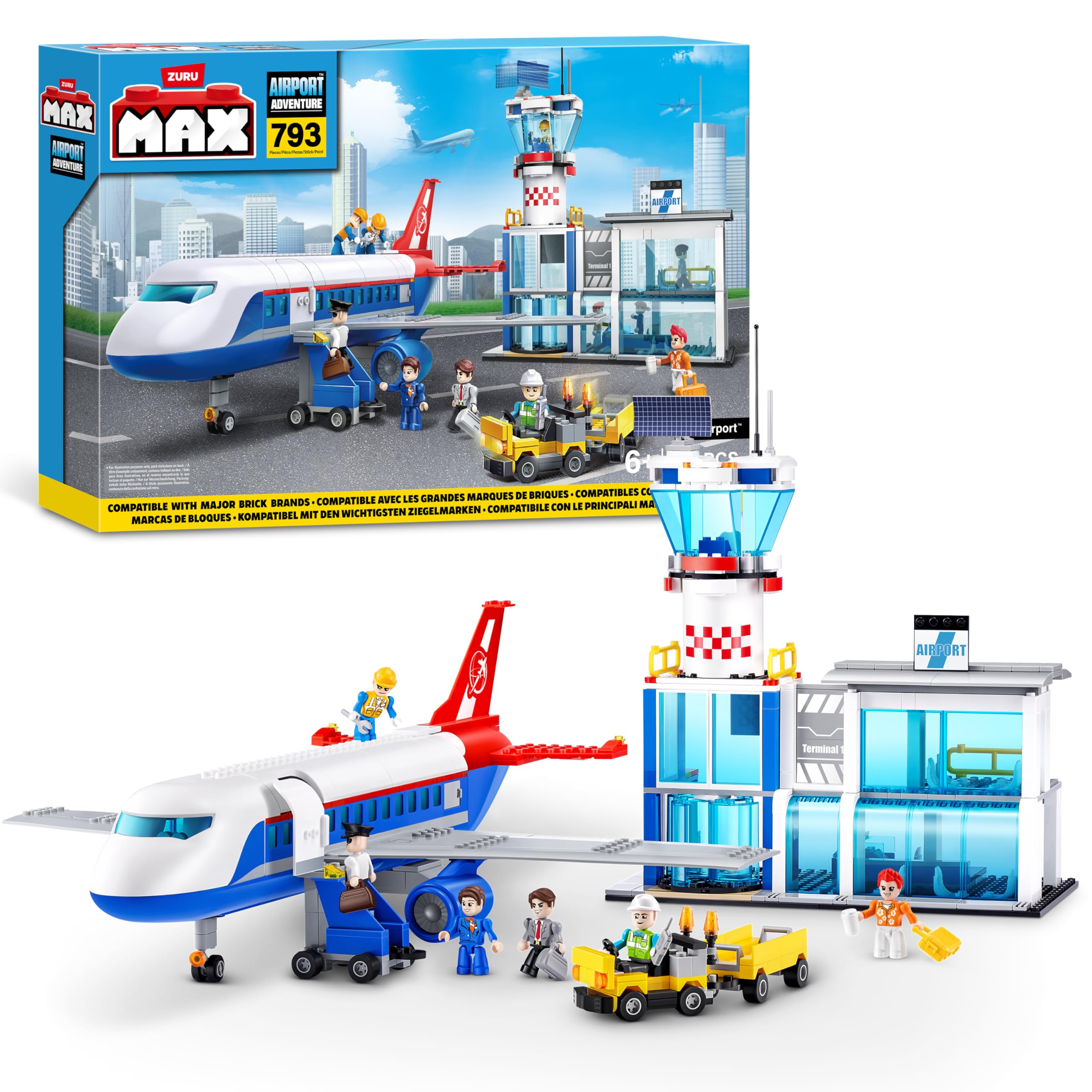MAX Adventure Airport Playset - 793-Piece Building Bricks Set with 3 Vehicles & 6 Figures for Kids 6+