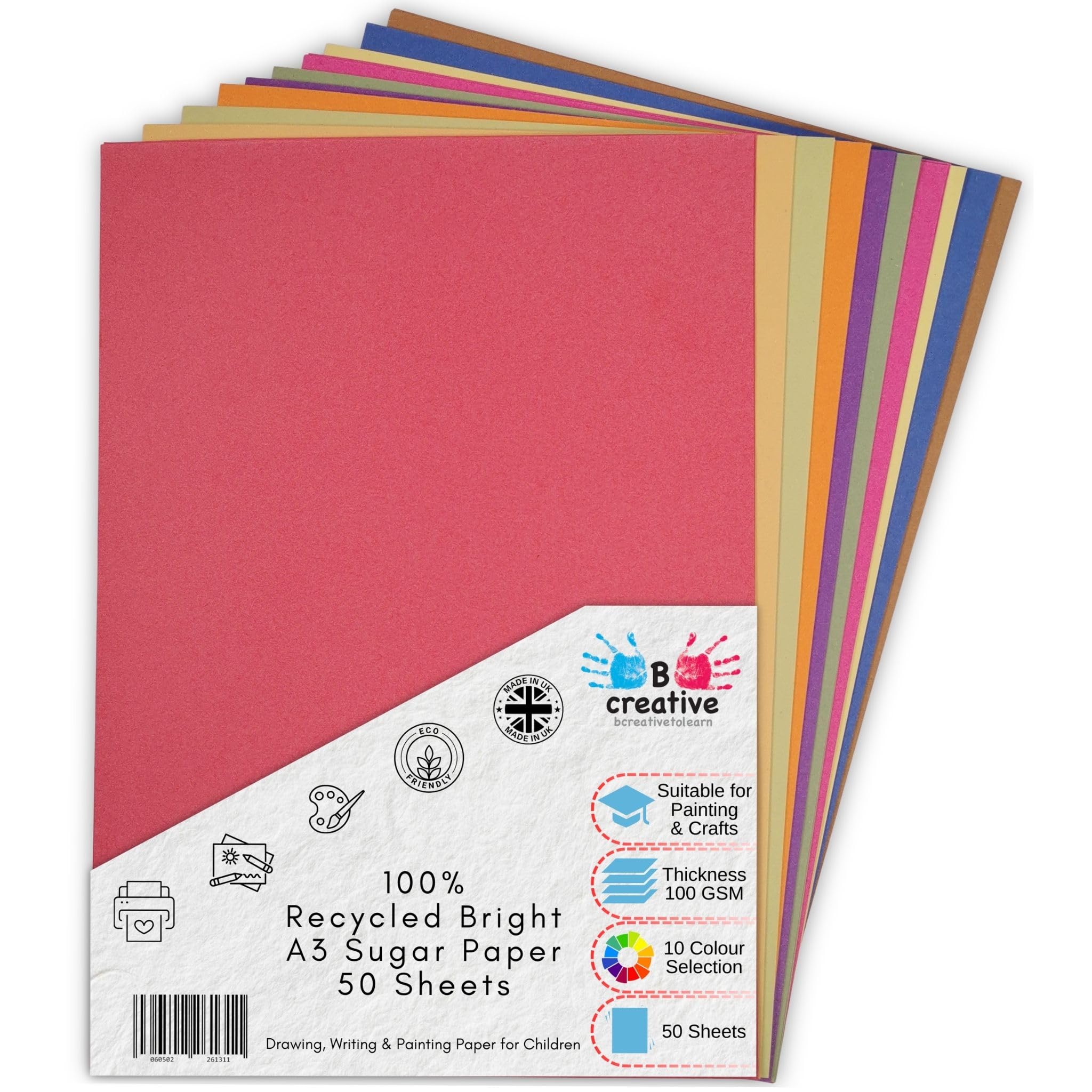 Be Creative Recycled Sugar Paper - A3 Bright Colours 50 Sheets | 100gsm | Arts & Crafts