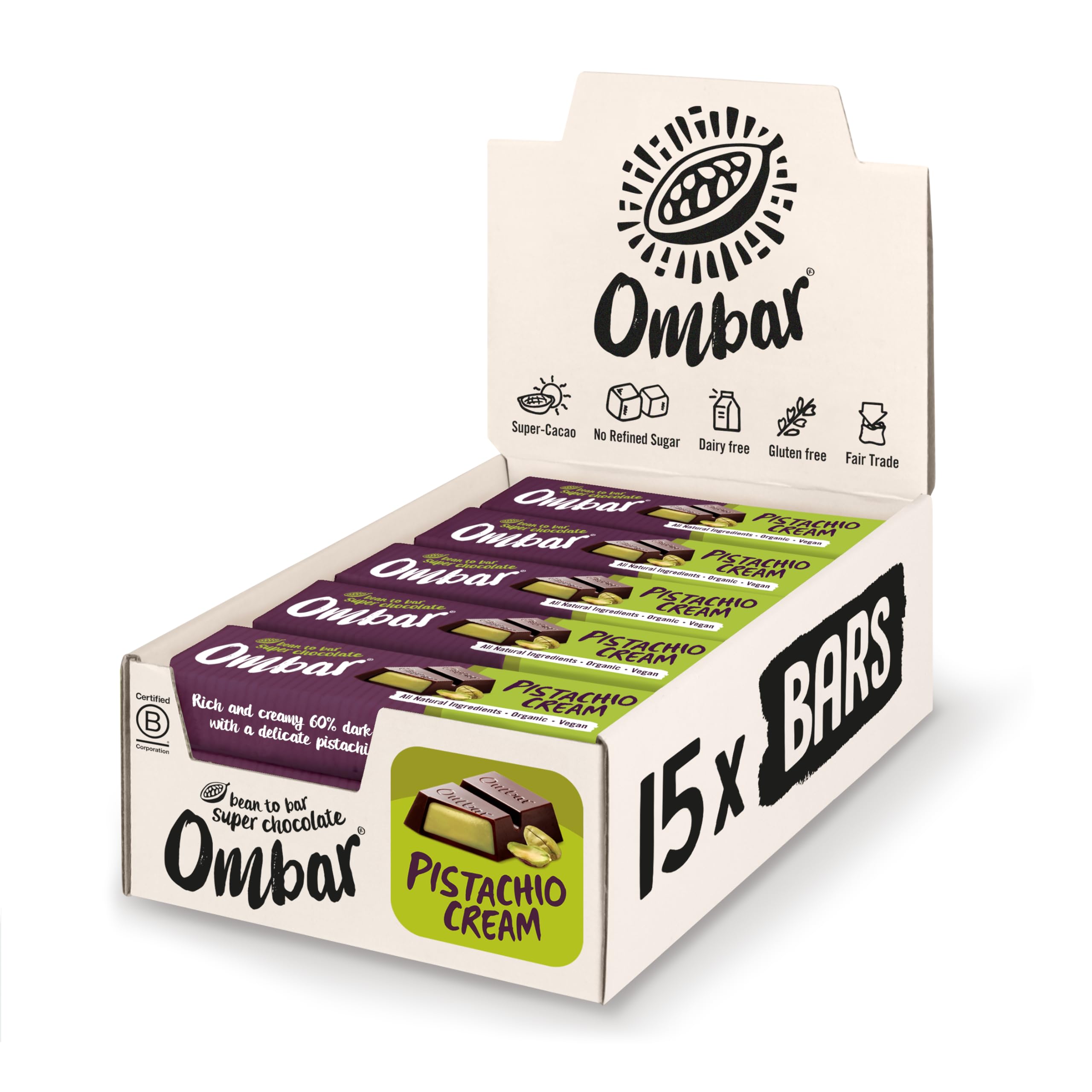 Ombar Pistachio Cream Vegan Chocolate Bar - 60% Dark Chocolate with Deep Filled Pistachio Centre (42g x 15)
