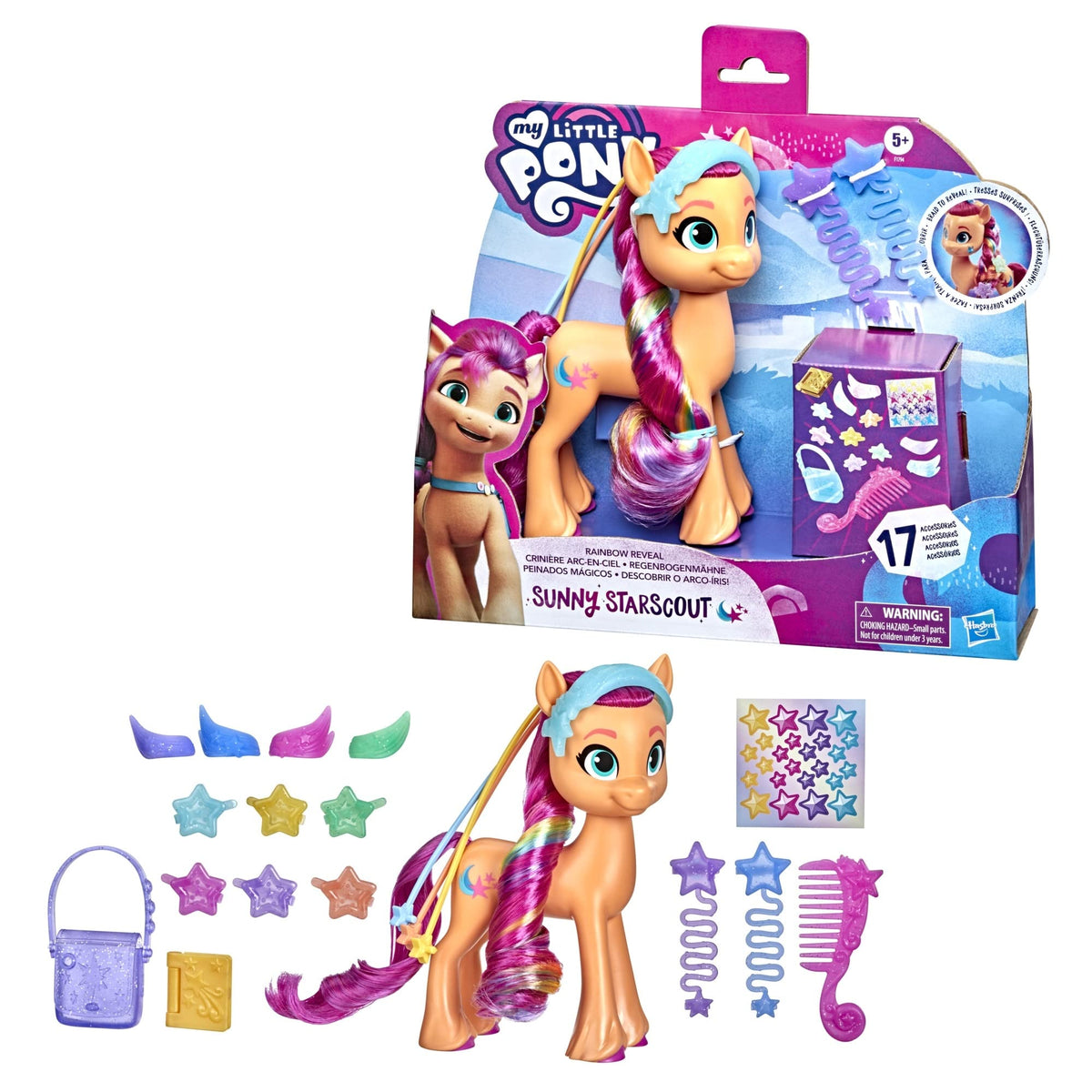 My Little Pony Rainbow Reveal Sunny Starscout Pony Toy - 15 cm, 17 Accessories, Age 5+