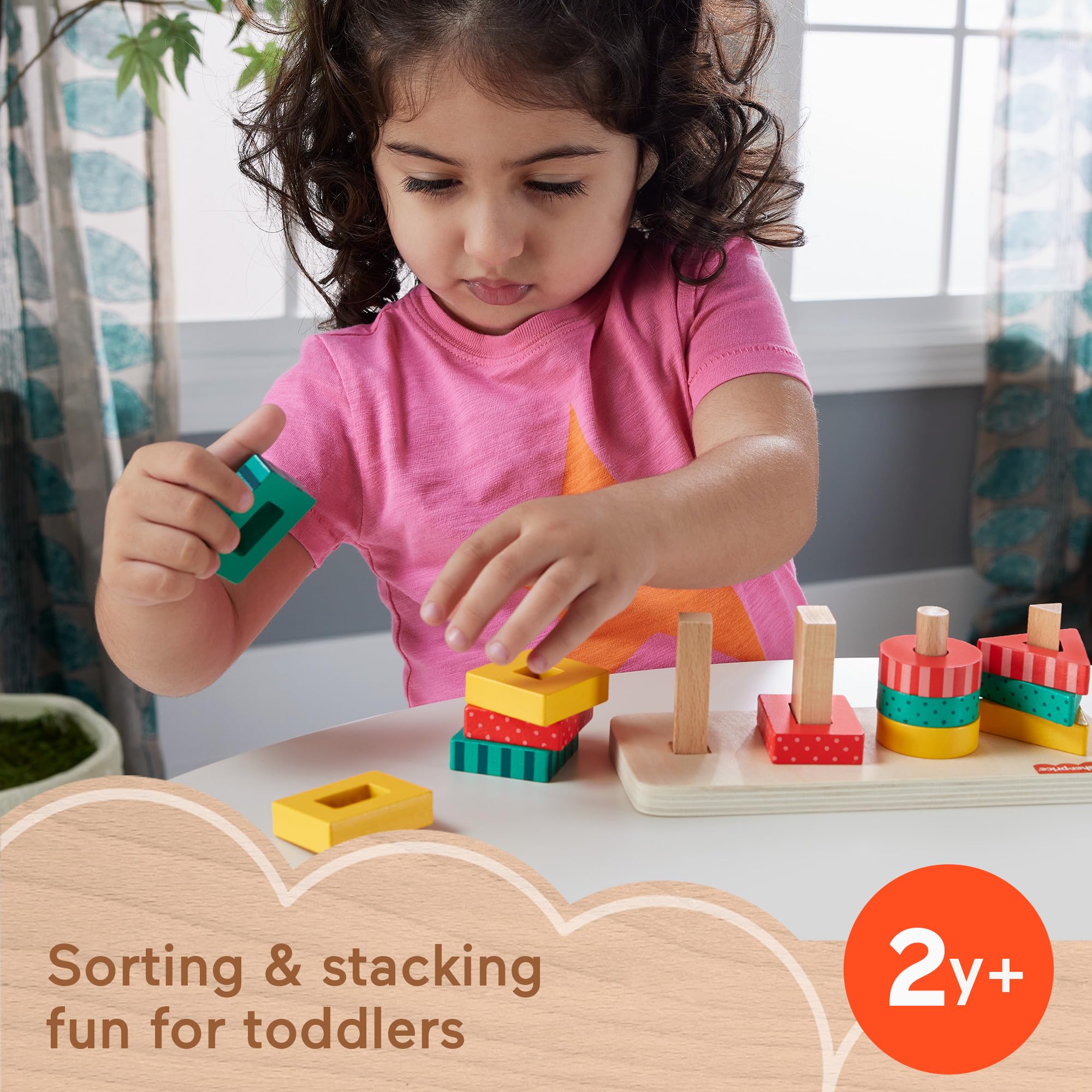 Fisher-Price Toddler Sorting Toy Wooden Shape Stacker, 13 Wood Pieces for F 7