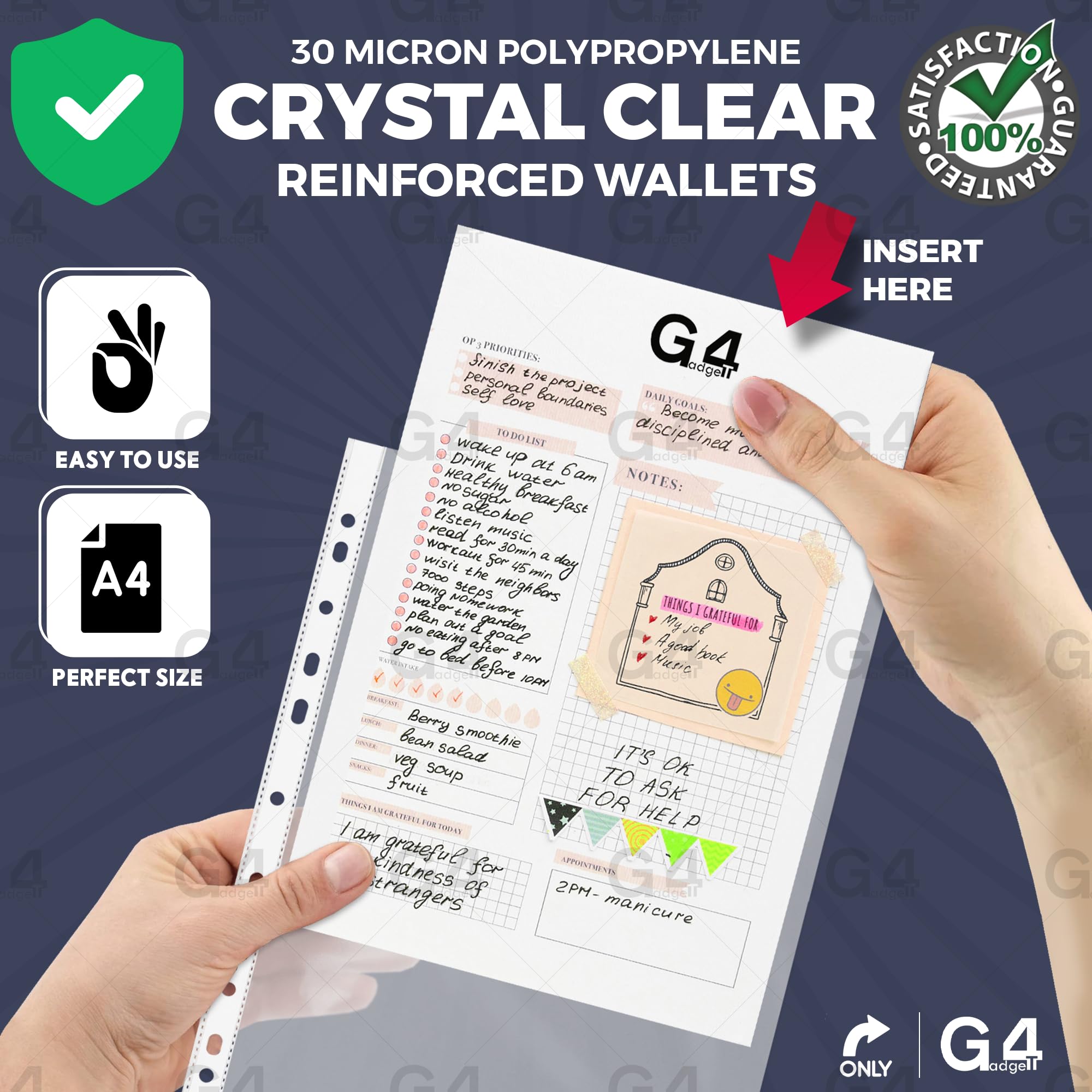 G4GADGET 100 Pcs A4 Plastic Punched Pockets - 30 Micron Clear Textured Finish for Filing