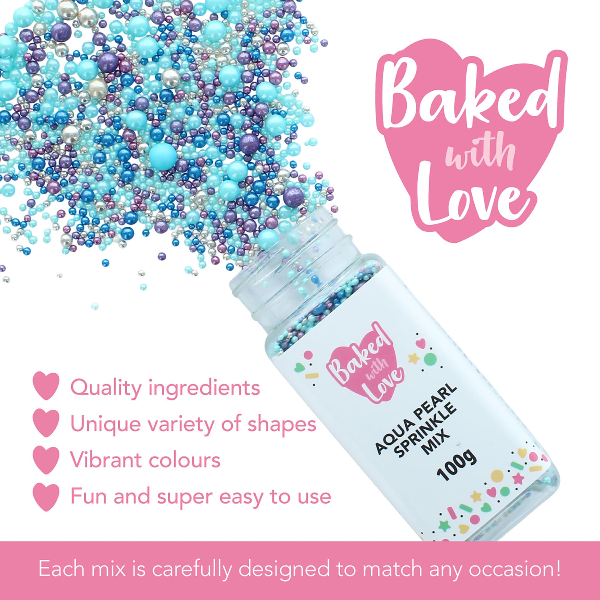Baked with Love - Aqua Pearl Sprinkles Blue, Purple, Silver Sugar Cake Decorations 100g 6