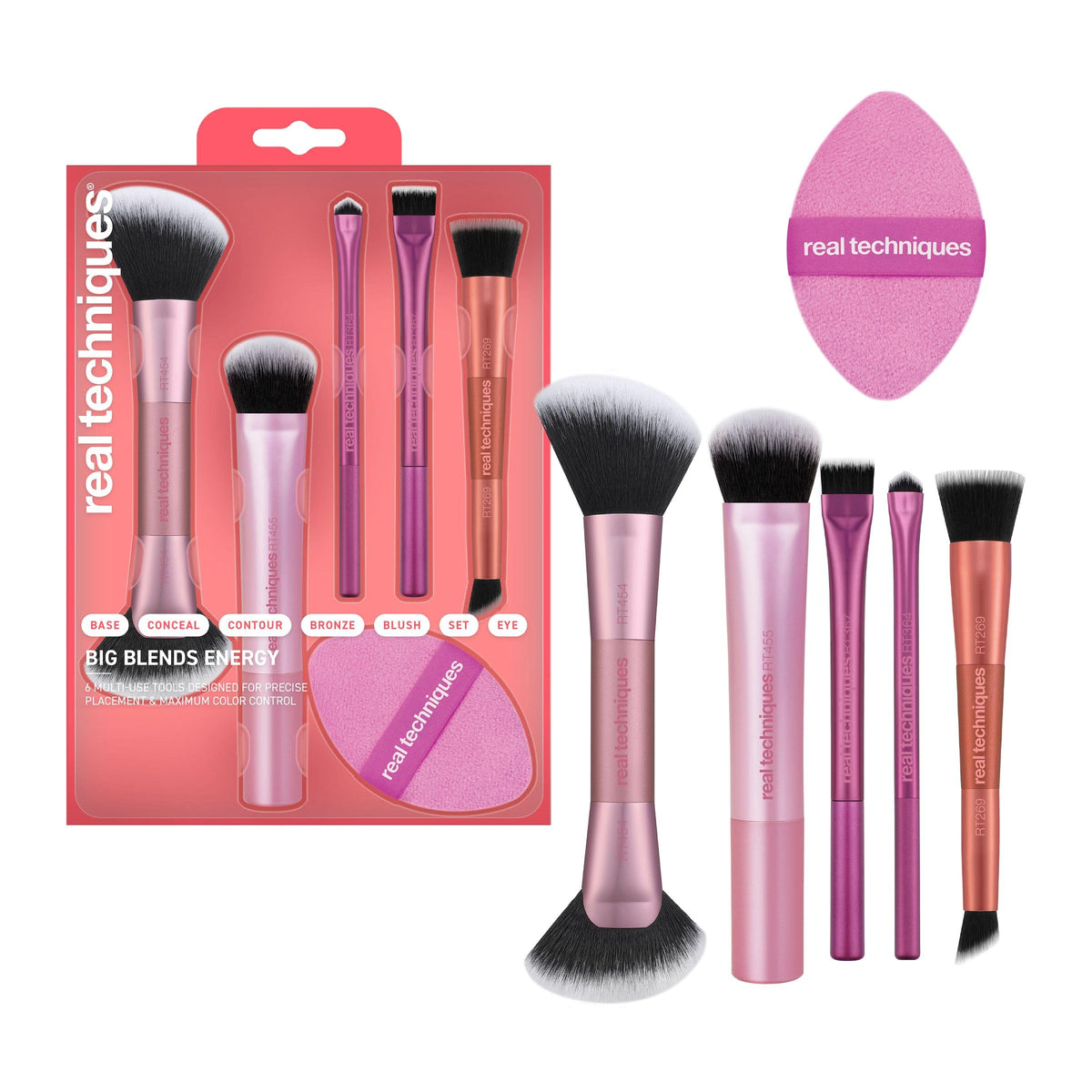 Real Techniques Big Blends Energy Brush Set + Dual-Sided Puff - 6-Piece Makeup Kit