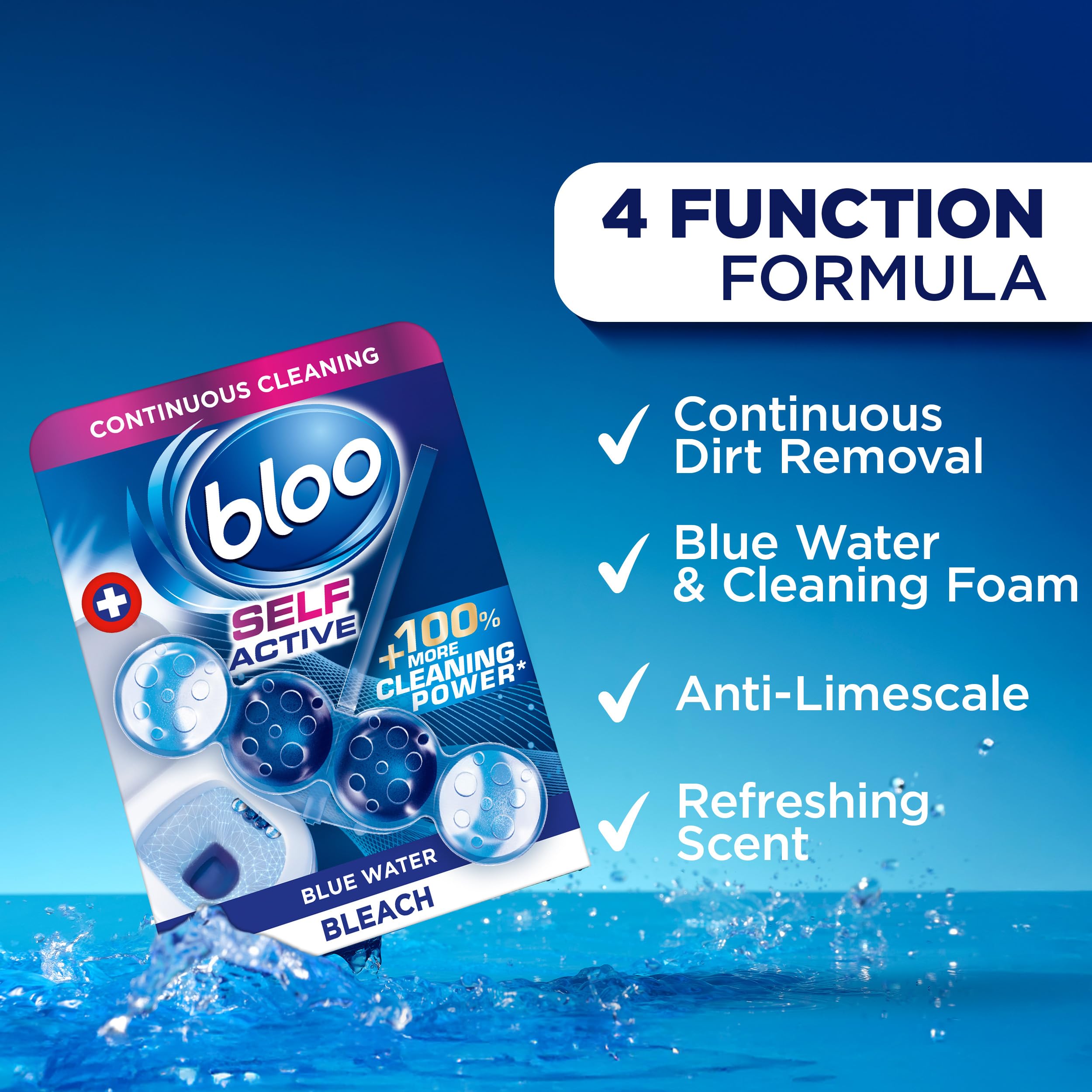 Bloo Self Active Bleach Toilet Rim Block - 4-Function Formula, Pack of 3