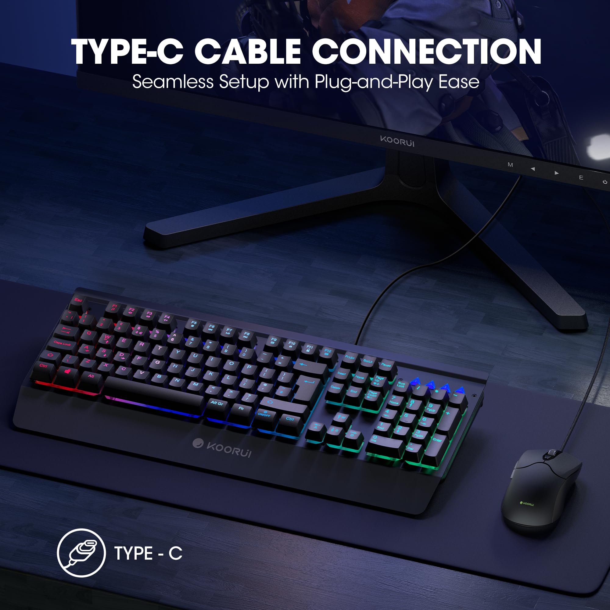 KOORUI Gaming-Tastatur-Maus-Set – 104-Tasten-QWERTY-Tastatur im mechanischen Stil mit Handballenauflage und 6-Tasten-Gaming-Maus, Schwarz 7