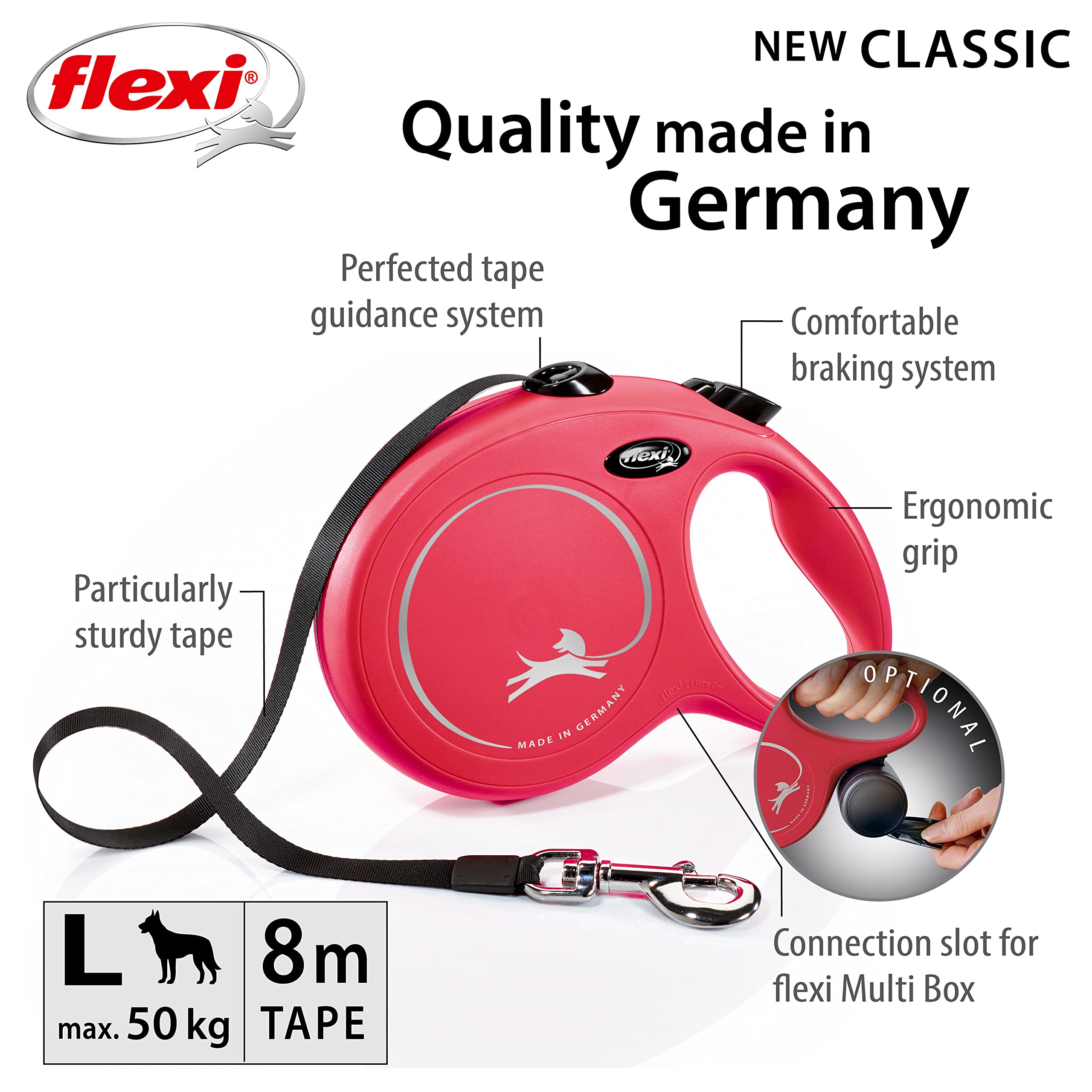 flexi Classic L Tape Retractable Lead for Dogs up to 50 kg | 8m Length | Red