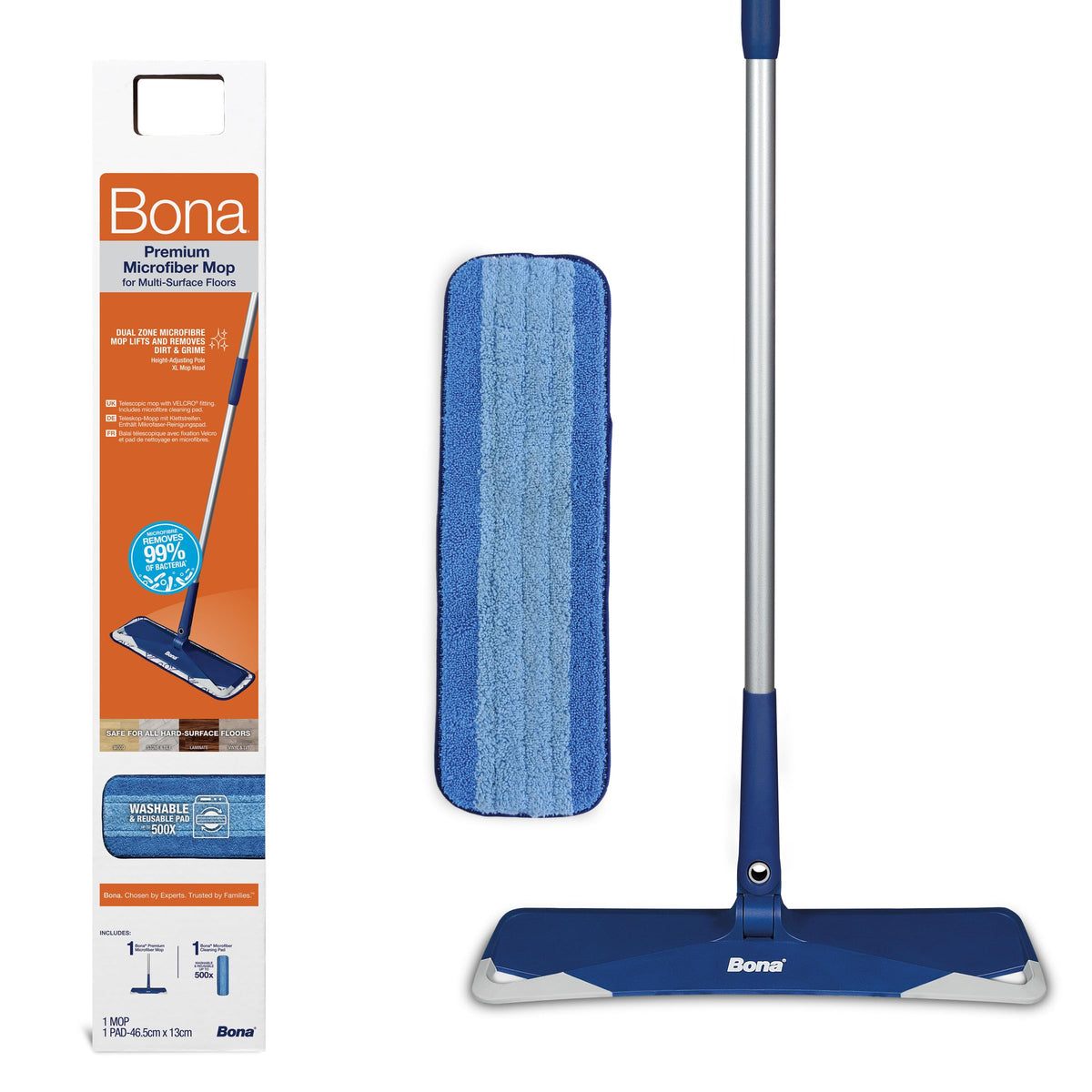 Bona Microfibre Floor Mop Kit - Extra Large Adjustable Flat Mop - Blue