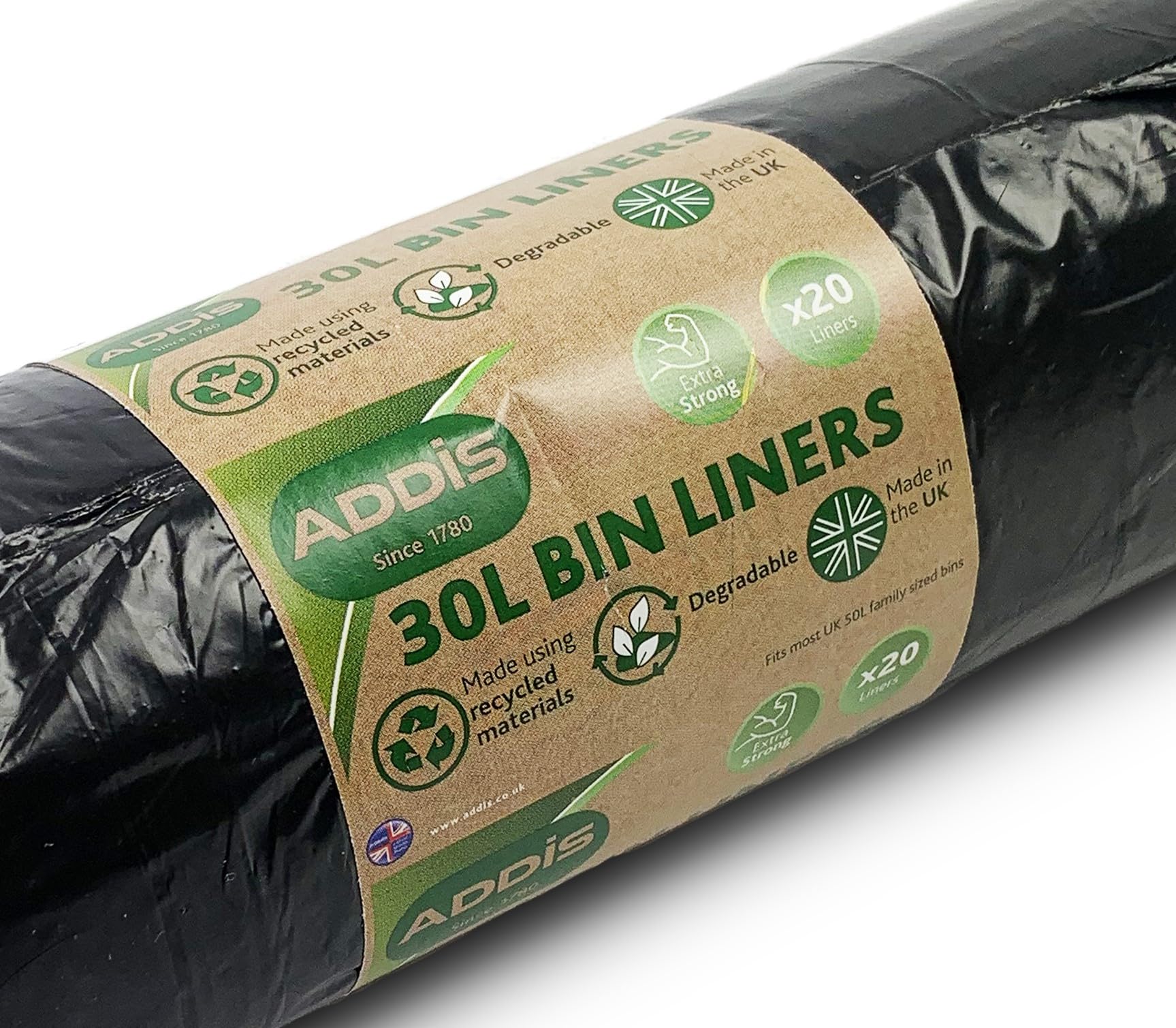 Addis 518023 Kitchen Waste Bin Liners - 30L Capacity | Pack of 20 | HDPE Plastic