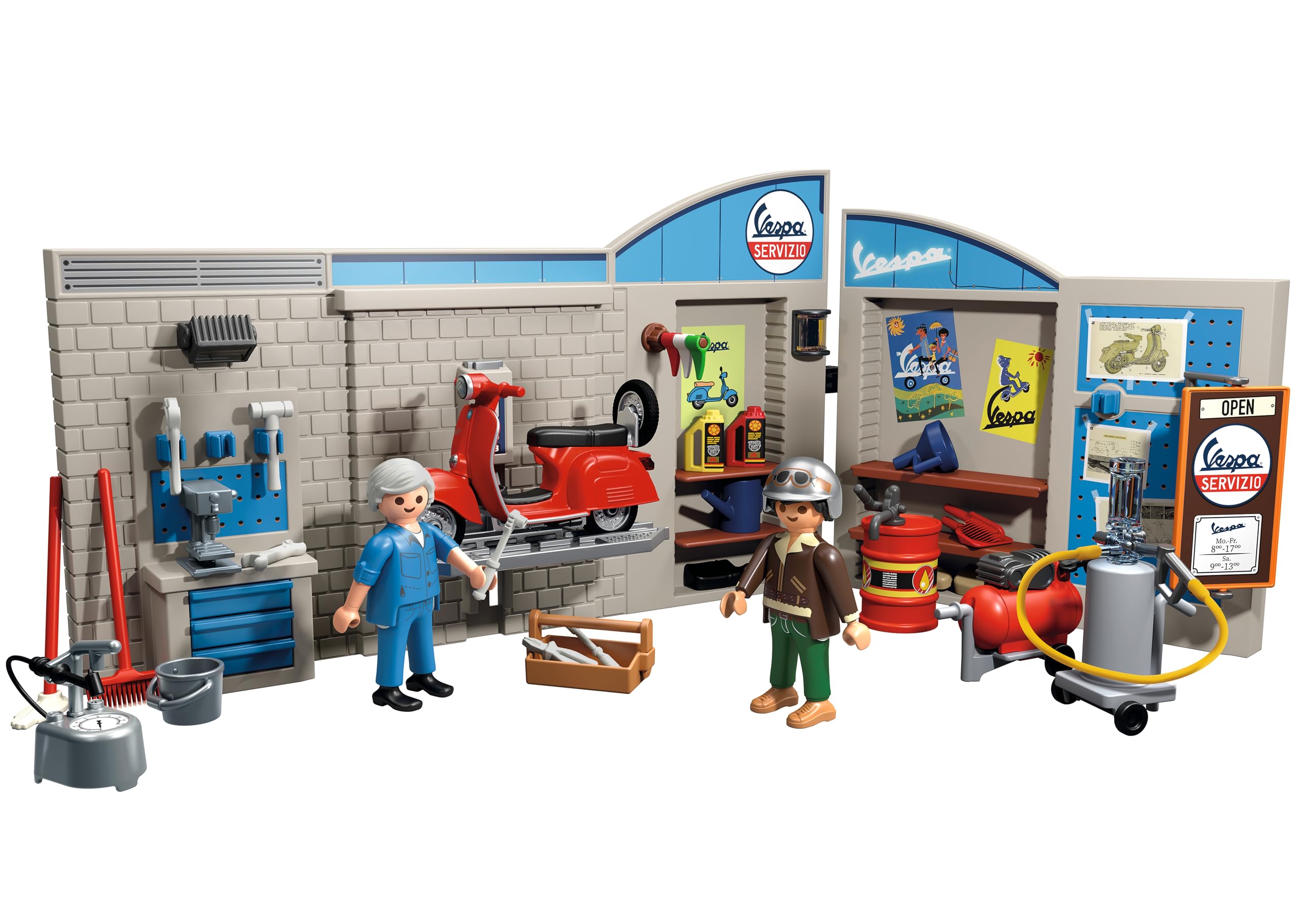 Playmobil 71620 Cars: 60s Vespa Garage Playset with Movable Lifting Platform 6