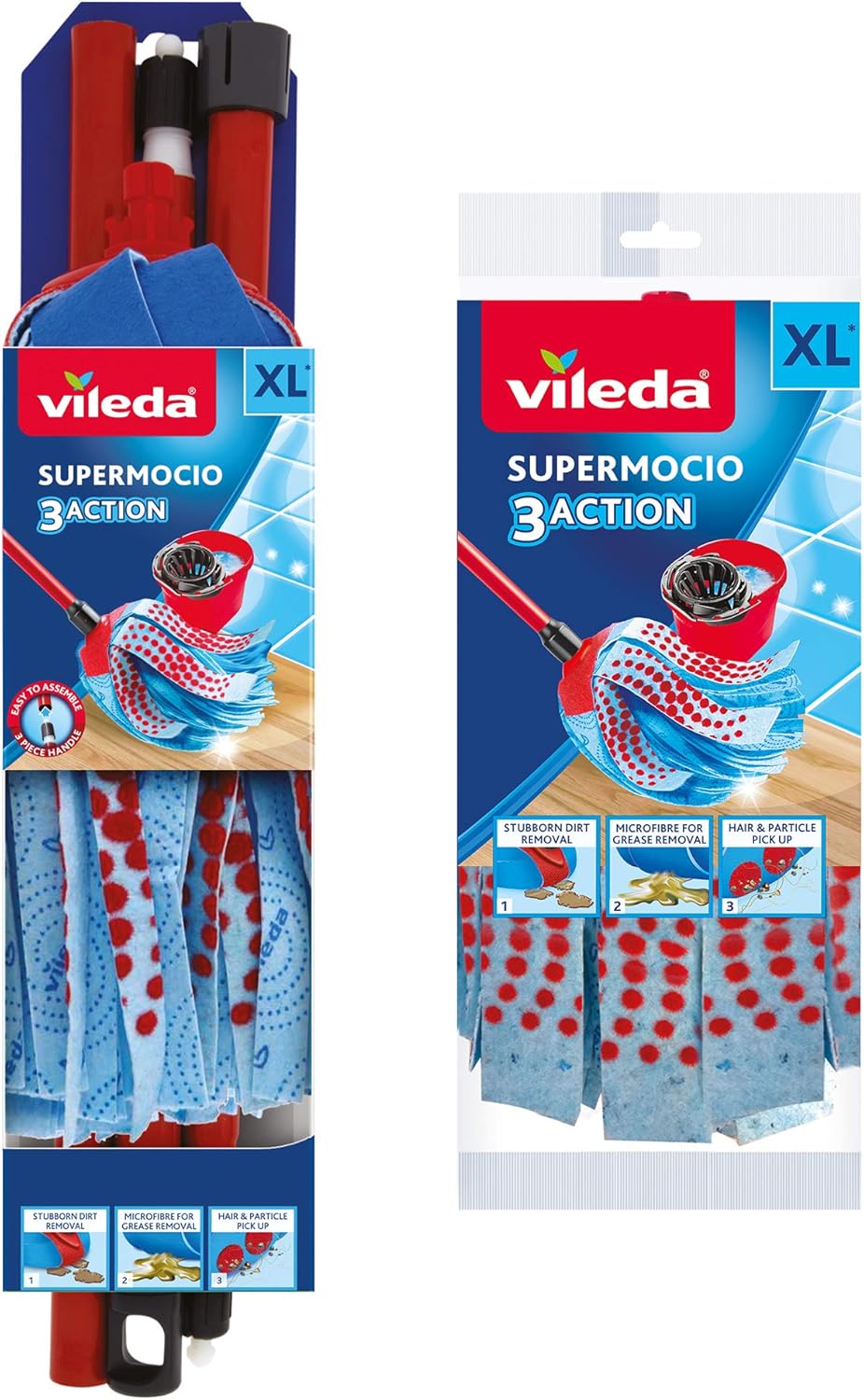 Vileda - SuperMocio 3Action XL Compact Mop with Extra Refill, Red/Blue