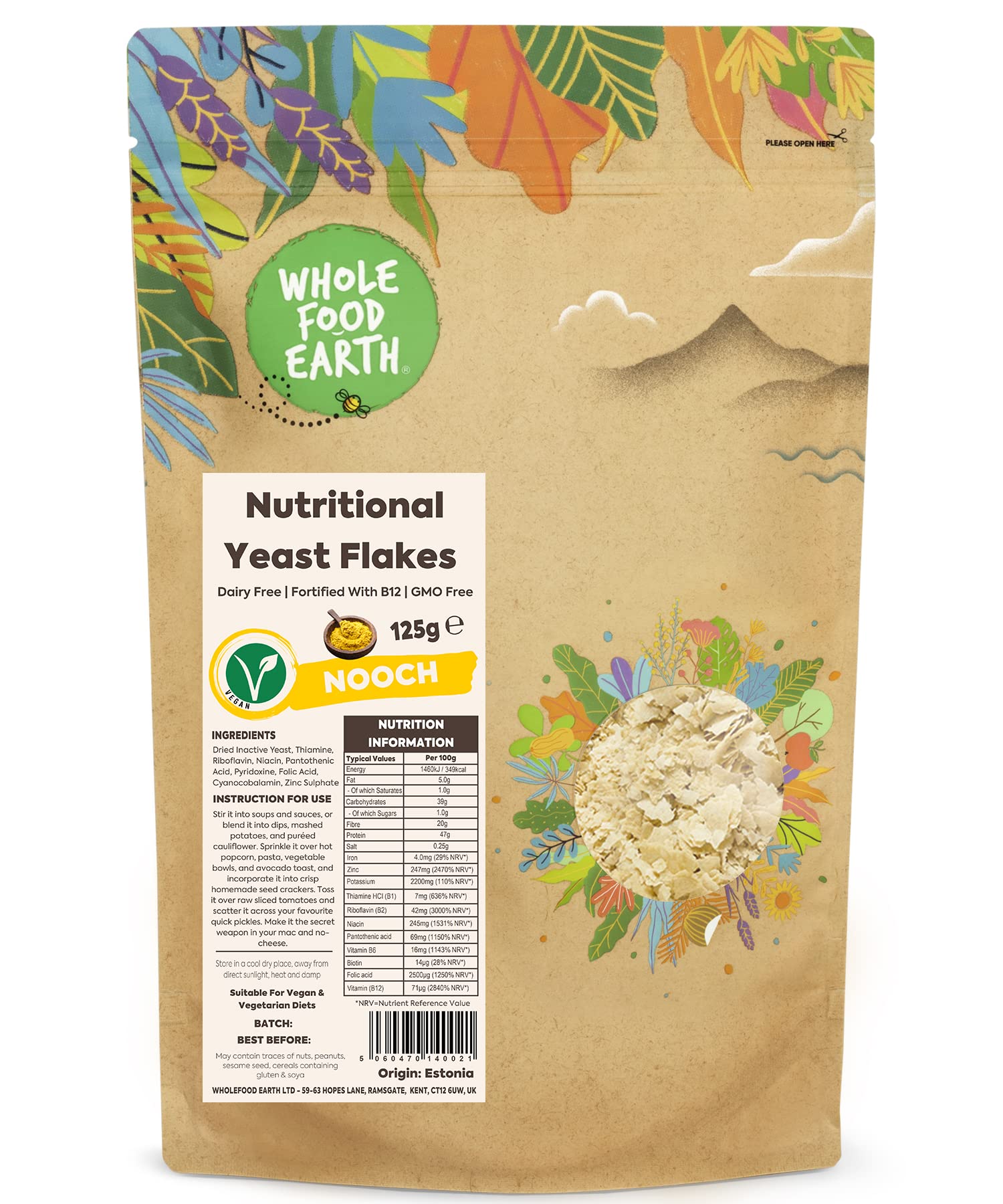 Wholefood Earth Nutritional Yeast Flakes (Nooch) 125g - Dairy Free, Fortified with B12, Vegan Cheese Substitute