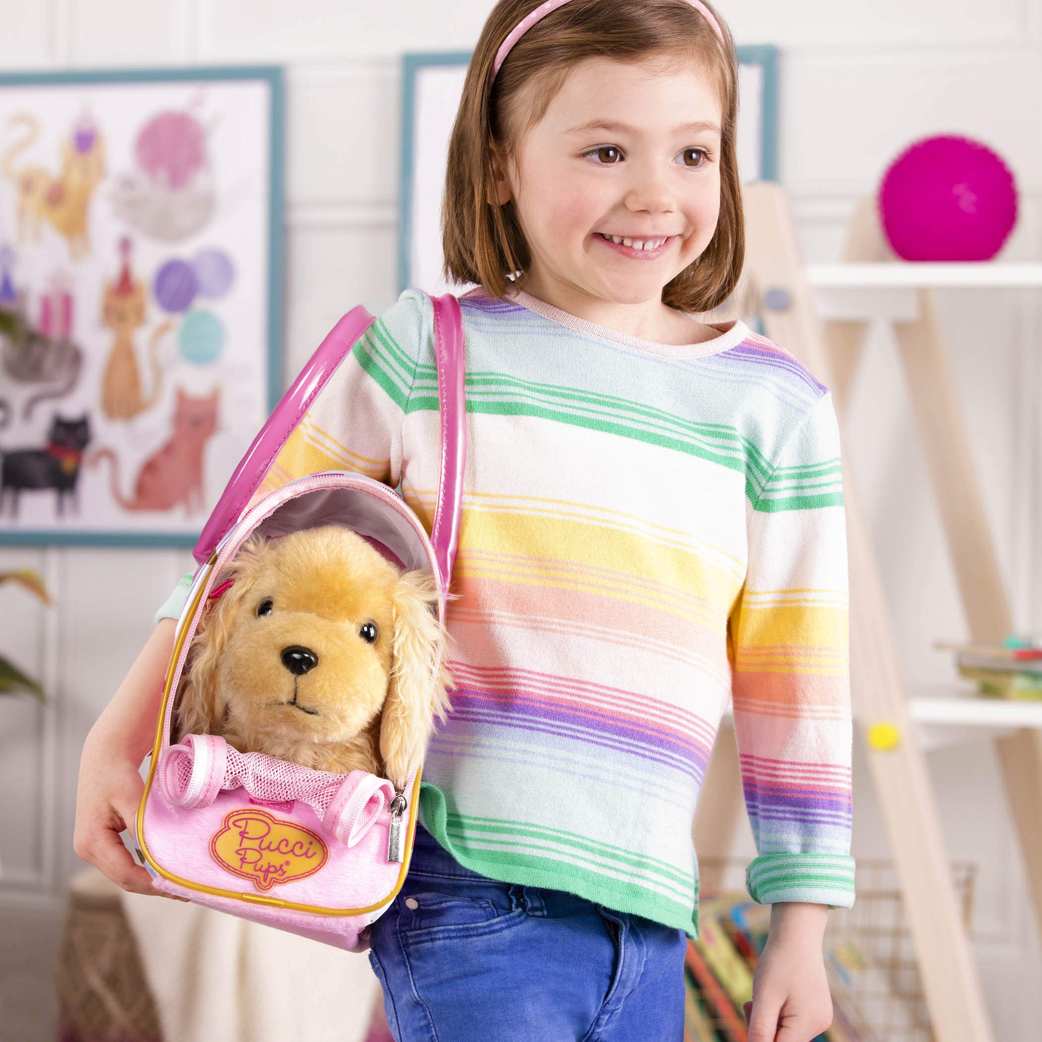 Pucci Pups Plush Cocker Spaniel with Carrier Bag – Pink & Gold Dog Toy for Kids 3+ 5