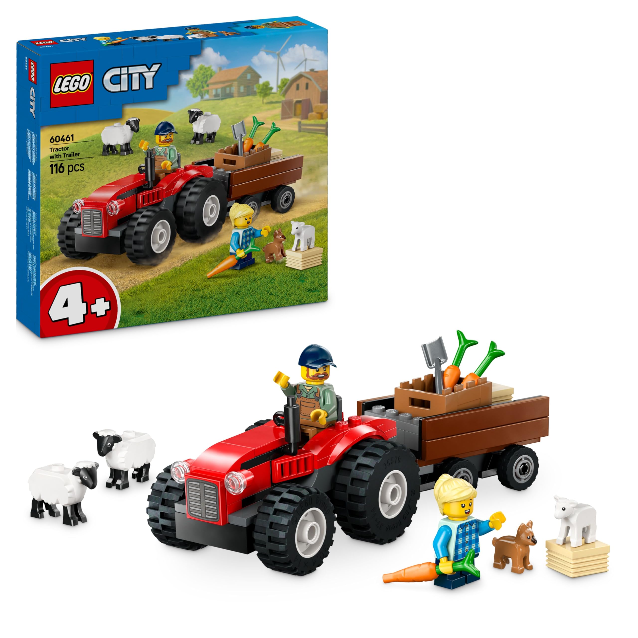 LEGO City Red Farm Tractor with Trailer & Sheep Toy Set - Building Playset for Ages 4+