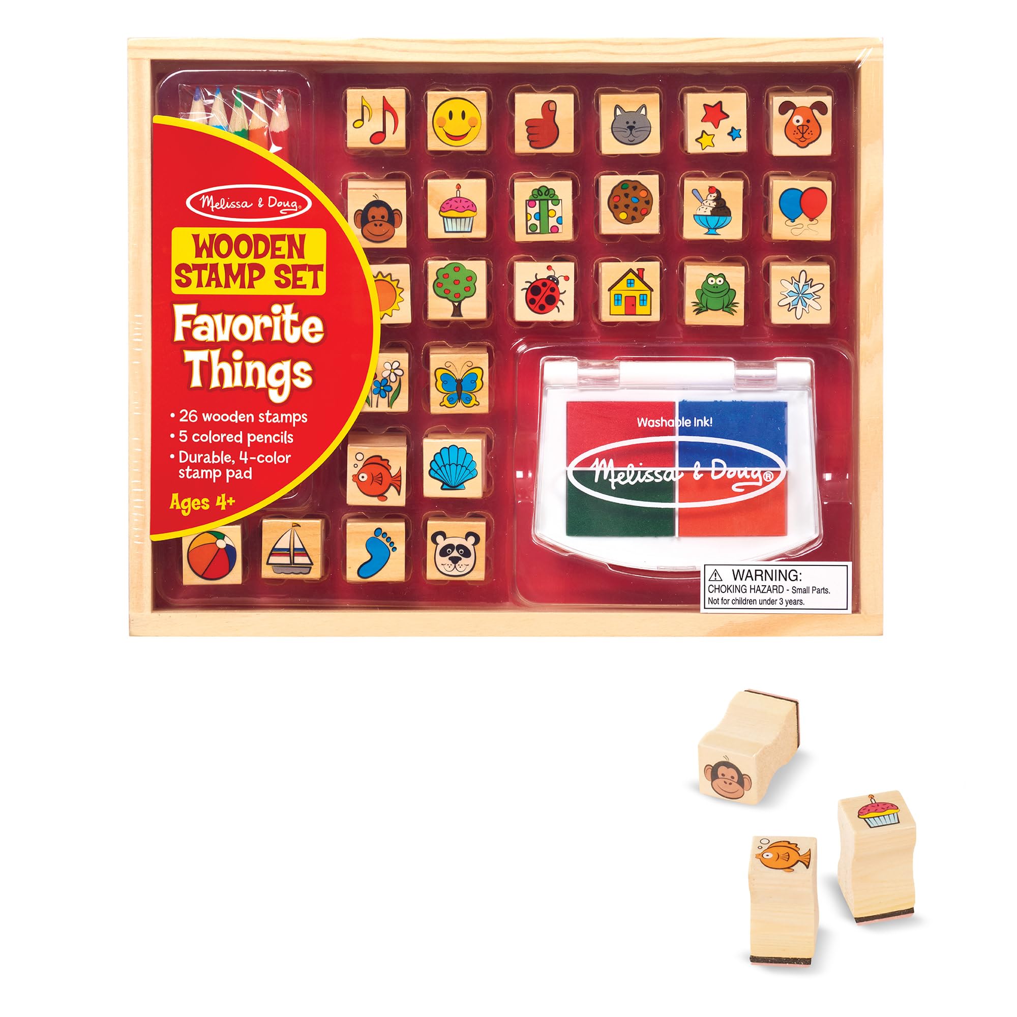 Melissa & Doug Favourite Things Stamp Set - 32-Piece Wooden Stamp Kit with Colored Pencils & Washable Ink Pad for Kids 4+ 9