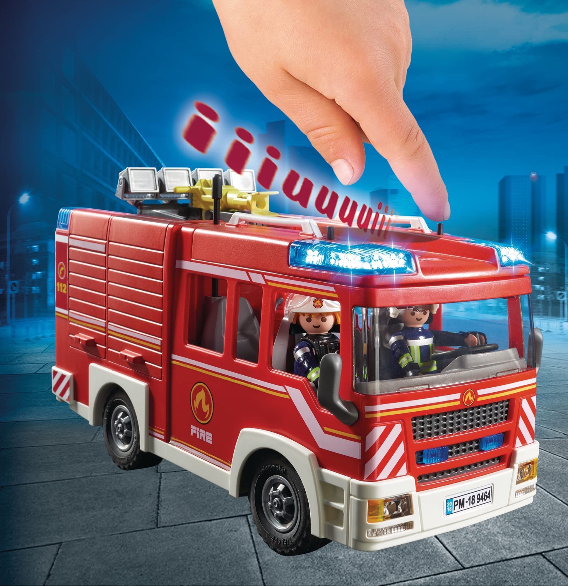 Playmobil 9464 Fire Engine with Working Water Cannon, Light & Sound Effects, Firefighter & Helicopter Playset for Kids 4+ 9