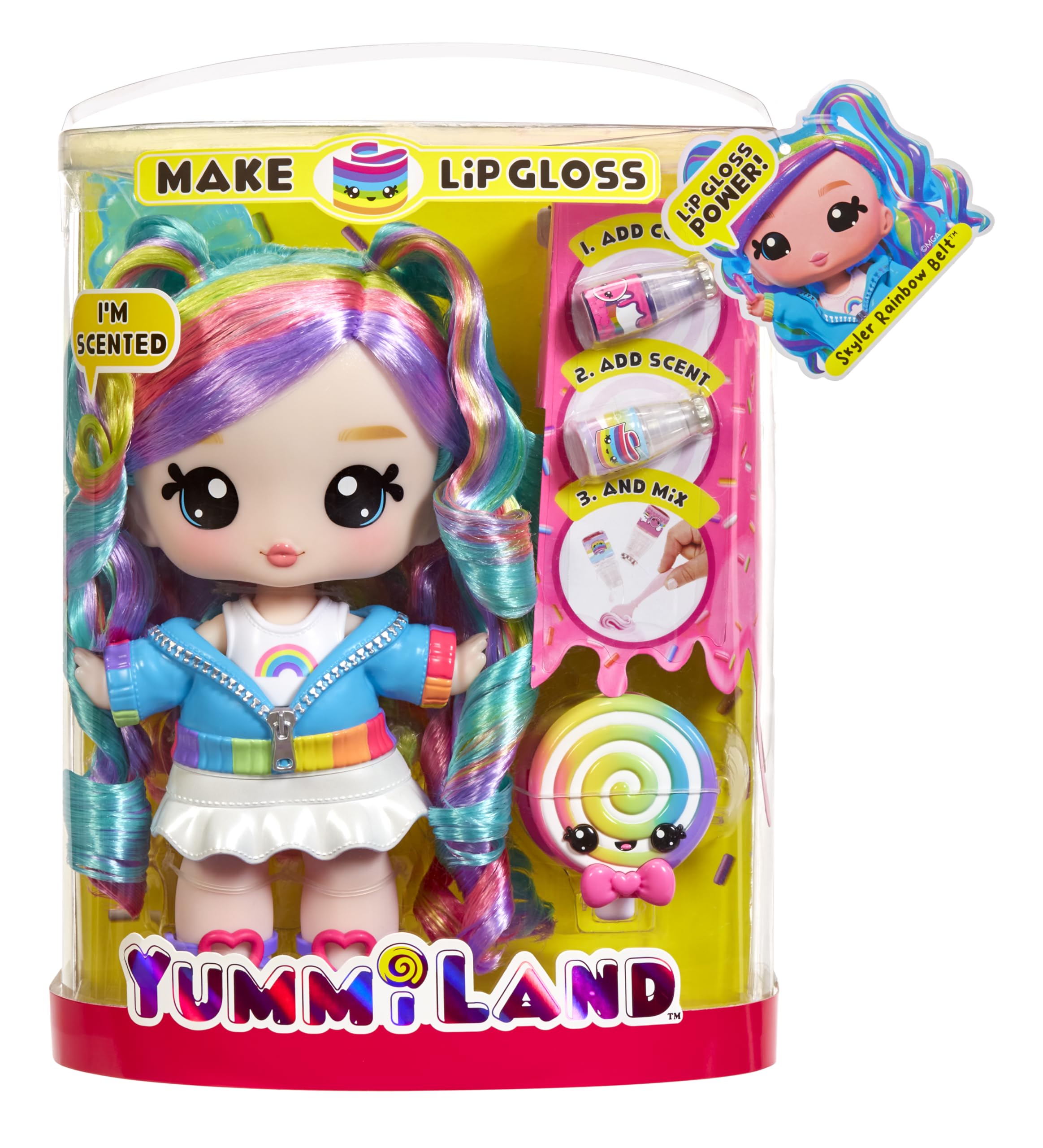 YUMMI LAND Skyler Rainbow Belt Doll with DIY Lip Gloss Kit - Num Nom Pet Playset 3