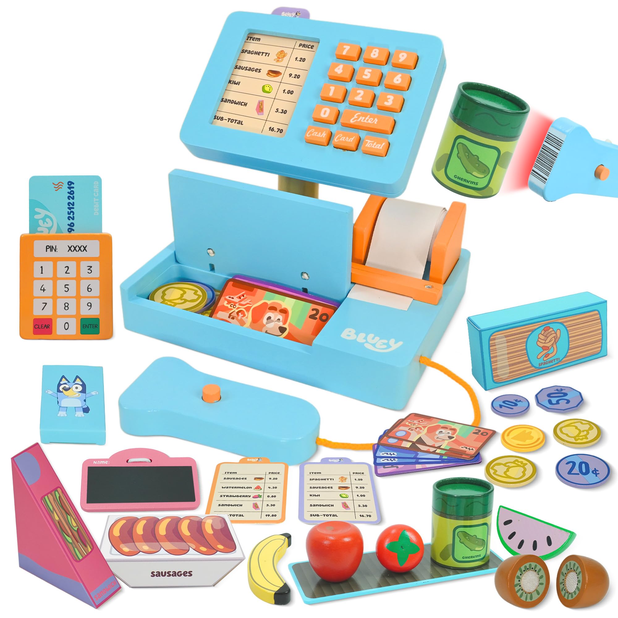 Bluey Cash Register - 32-Piece Pretend Play Checkout Toy with Sounds & Scanner