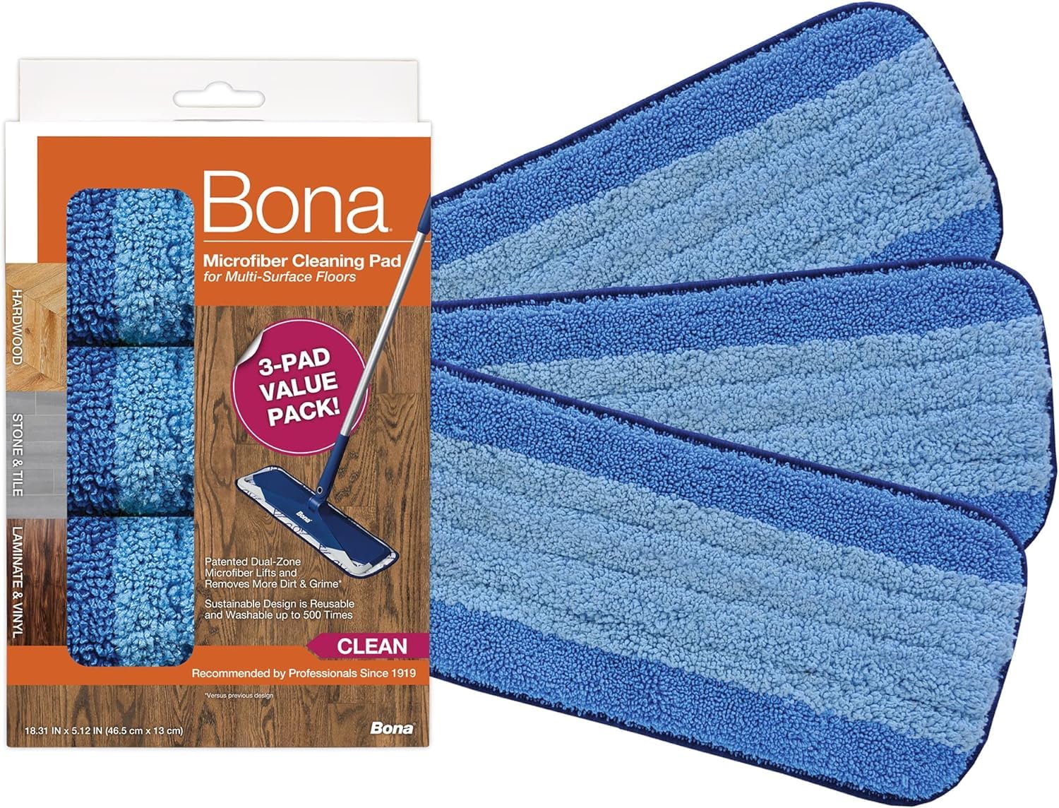 Bona Microfibre Cleaning Pad for Wood and Hard-Surface Floors - 3 Pack
