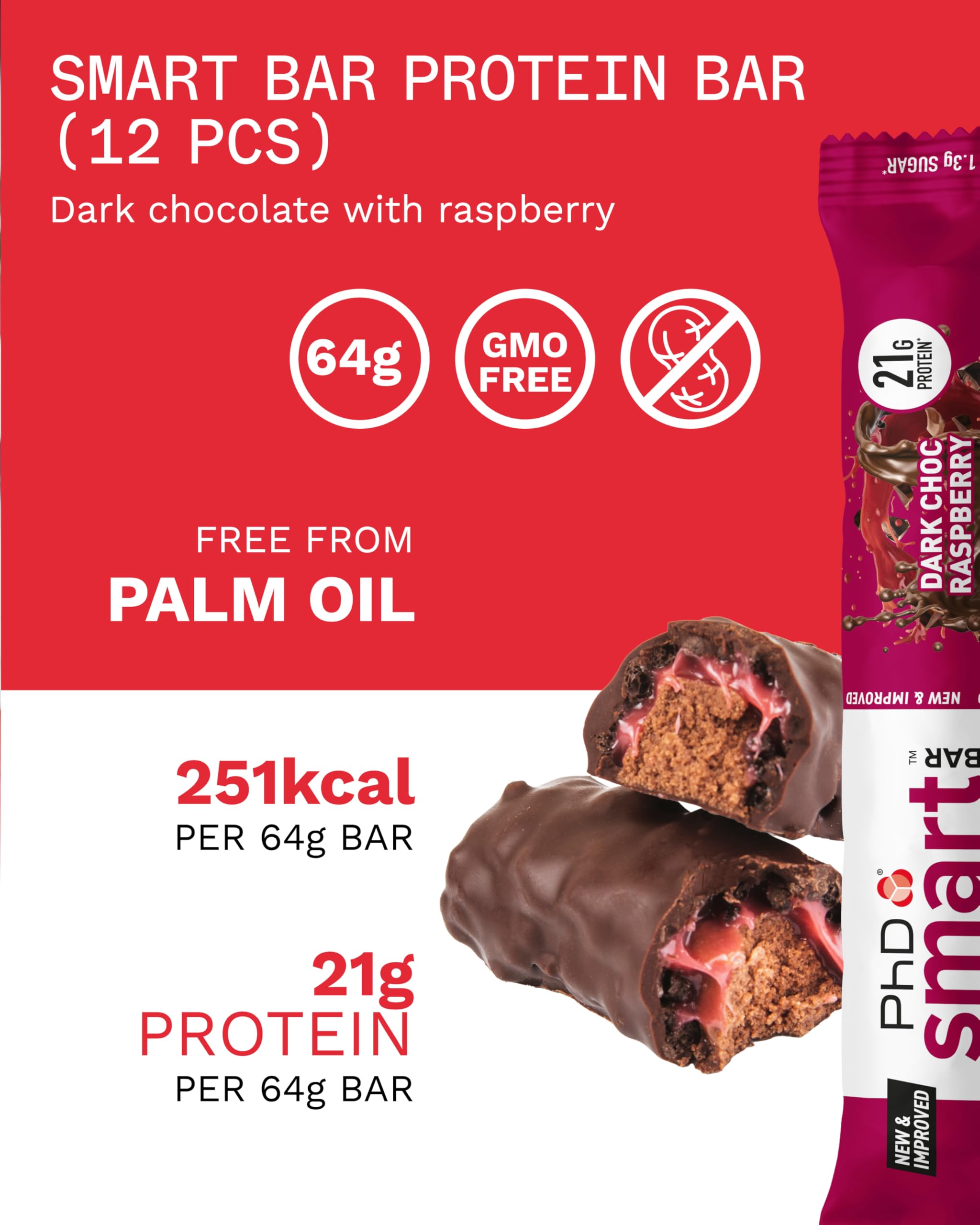 PhD Smart Protein Bar Low Sugar, Chocolate Raspberry Flavour, 21g Protein, 64g Bar (12 Pack) 9