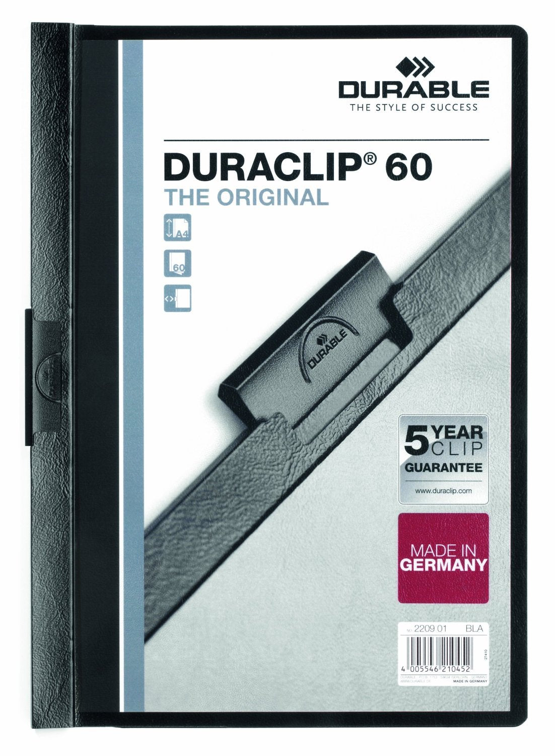 Durable DURACLIP 60 A4 Clip Folder - Holds up to 60 Sheets of A4 Paper - Robust Metal Sprung Clip - Pack of 5 Folders in Black 1