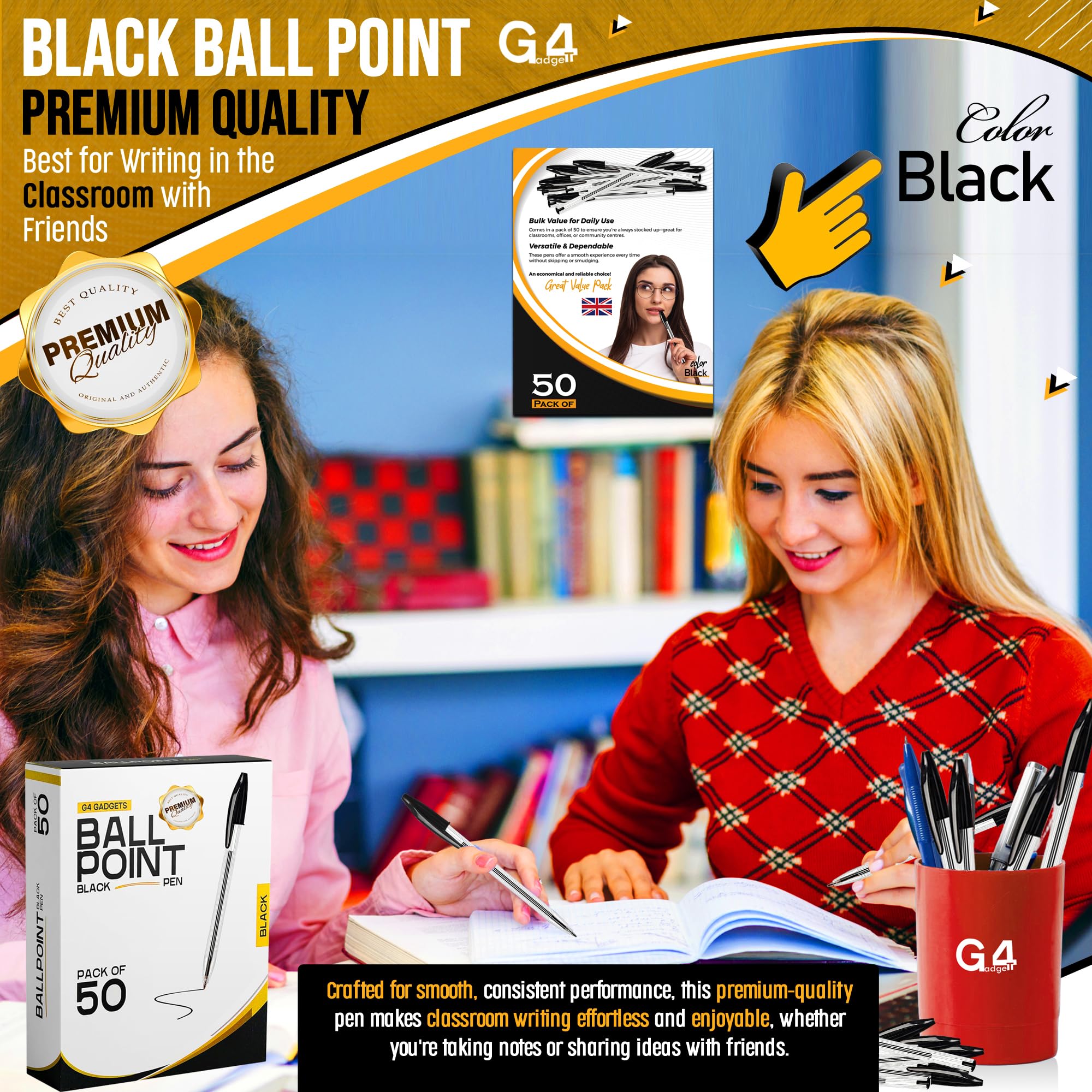 G4GADGET Pack of 50 Black Pens - Medium Tip Fluent Smooth Writing Black Bir