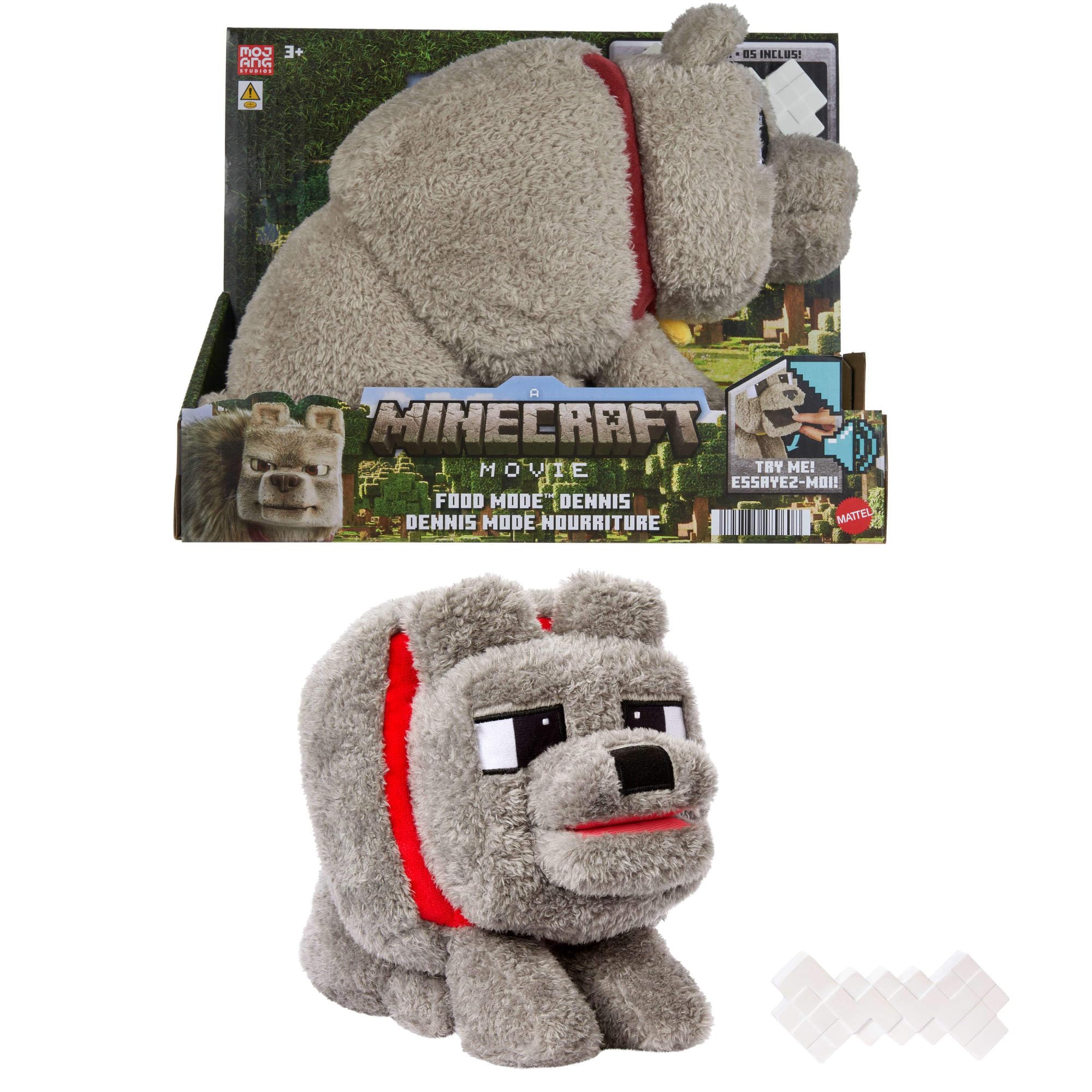 Minecraft Dennis the Wolf Plush Toy with Feeding Action & Sound - Interactive Stuffed Animal for Kids 3+