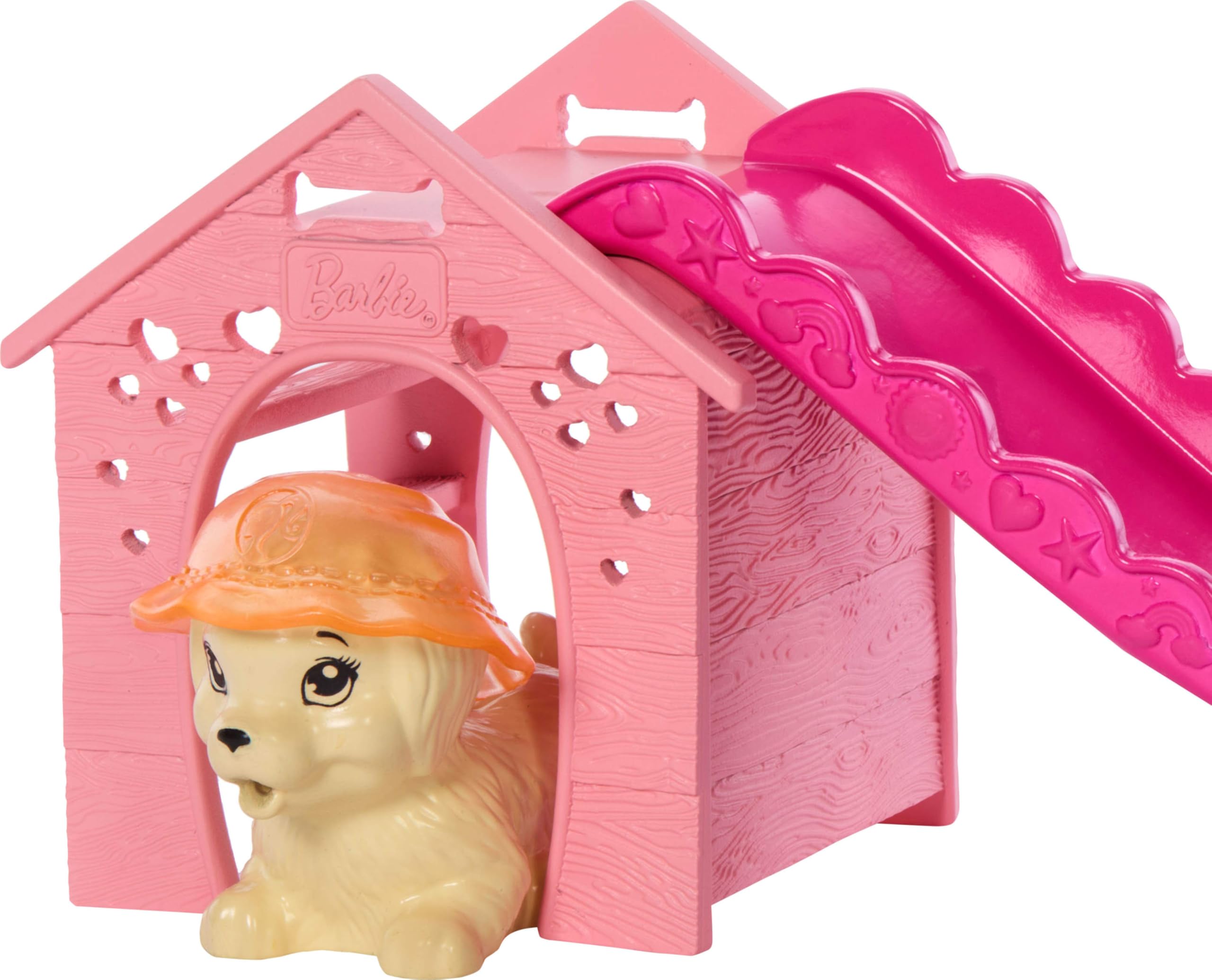 Barbie Puppy Pool Party Playset with Fashion Doll, Doghouse Slide & Heart-Shaped Pool 5