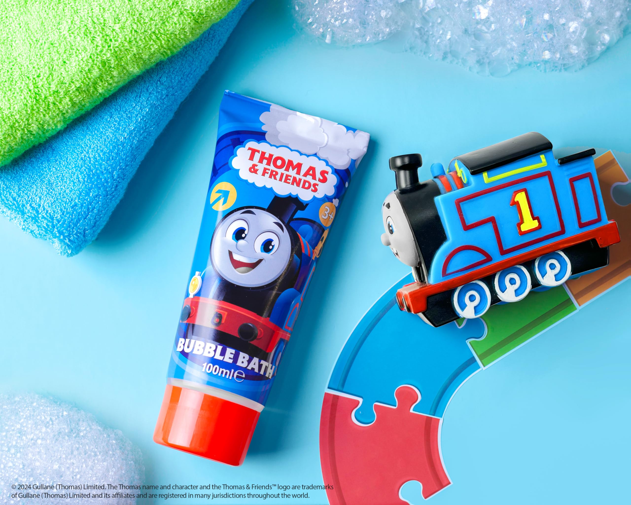 Thomas & Friends Bath Squirter & 100ml Bubble Bath Gift Set - Reusable Track Stickers, 3 Months+