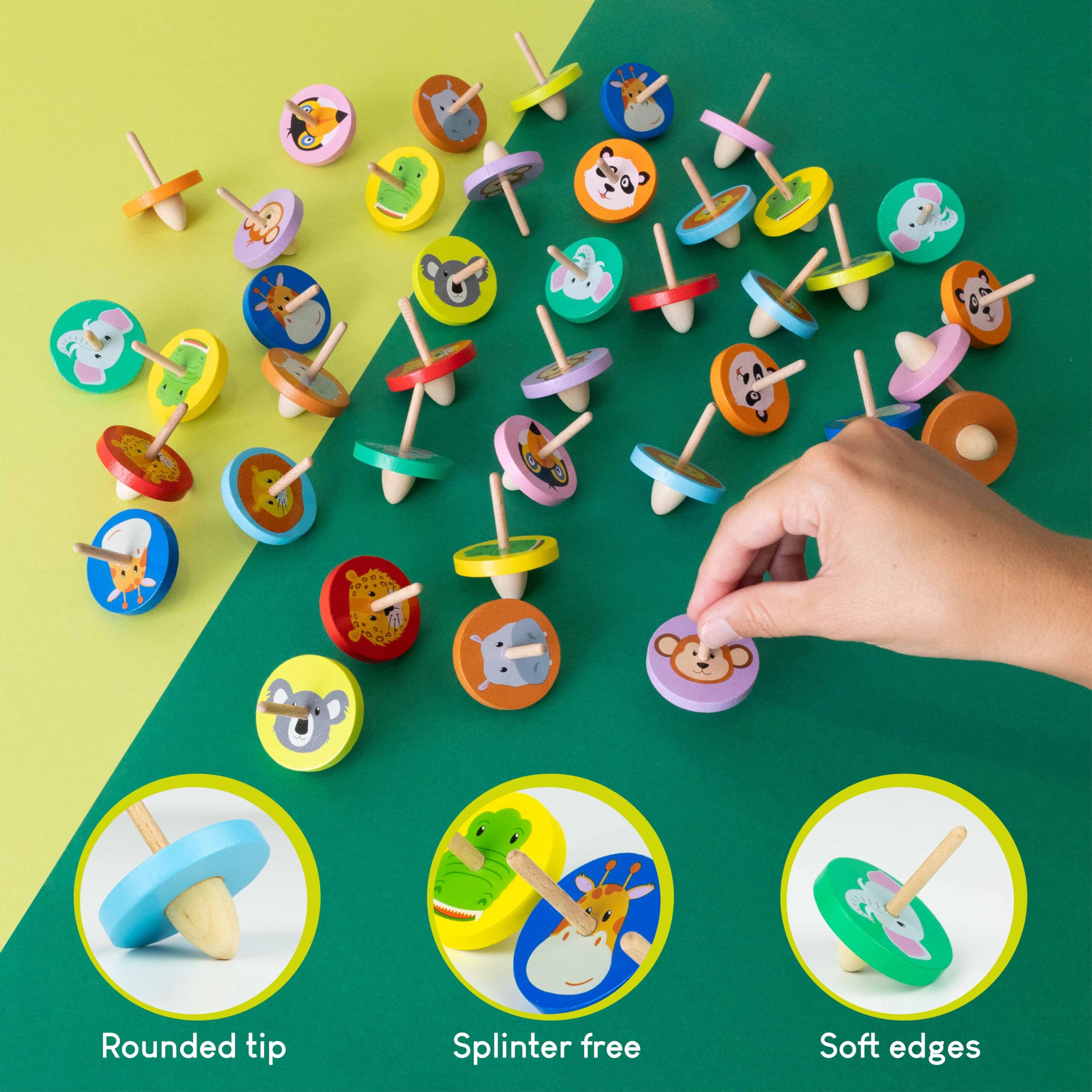Wooden Spinning Top Animal Party Bag Fillers - 40 Pack for Kids 3+ 4