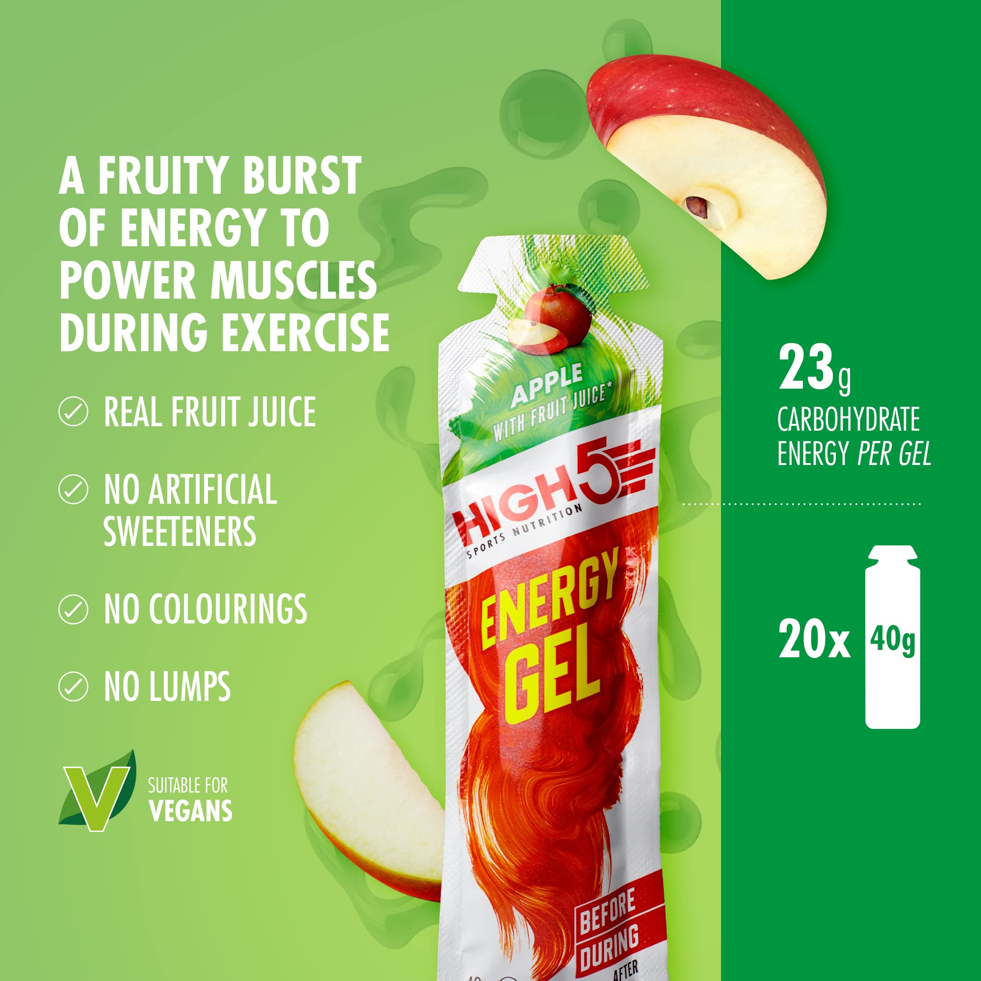HIGH5 Energy Gels - Apple Flavour Quick Release Carbohydrate Gels for Endurance Sports