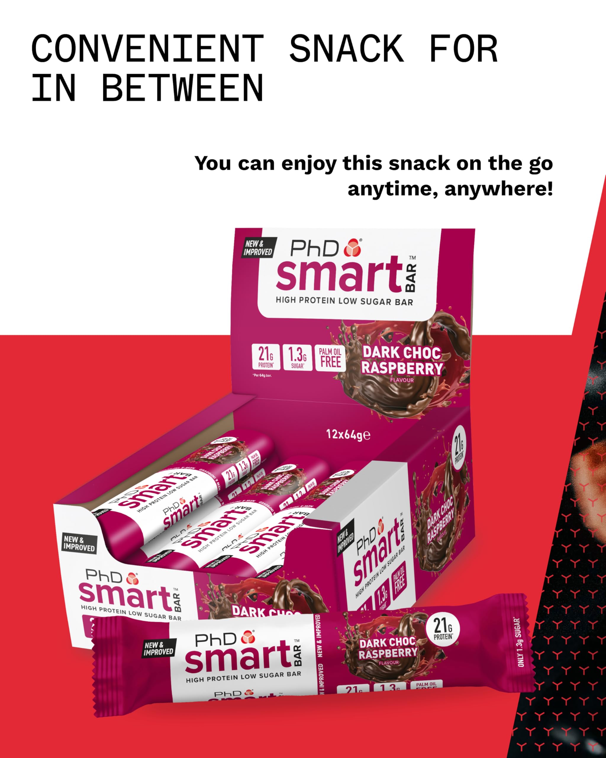 PhD Smart Protein Bar Low Sugar, Chocolate Raspberry Flavour, 21g Protein, 64g Bar (12 Pack) 11