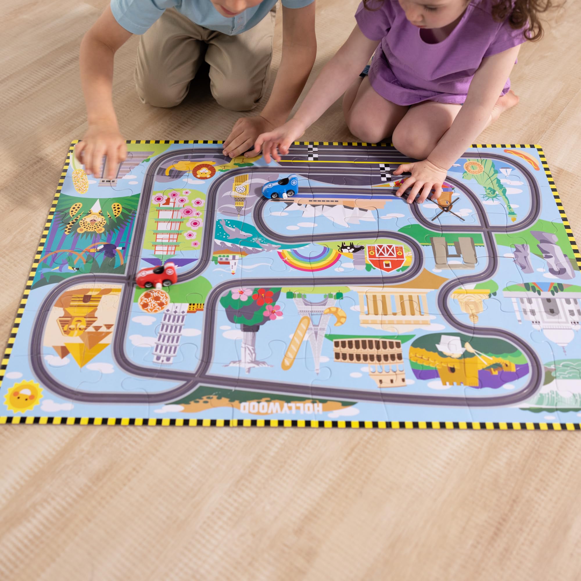 Melissa & Doug Race Around the World Floor Puzzle with 2 Wind-Up Vehicles | Age 3+ | 48 Pieces 5