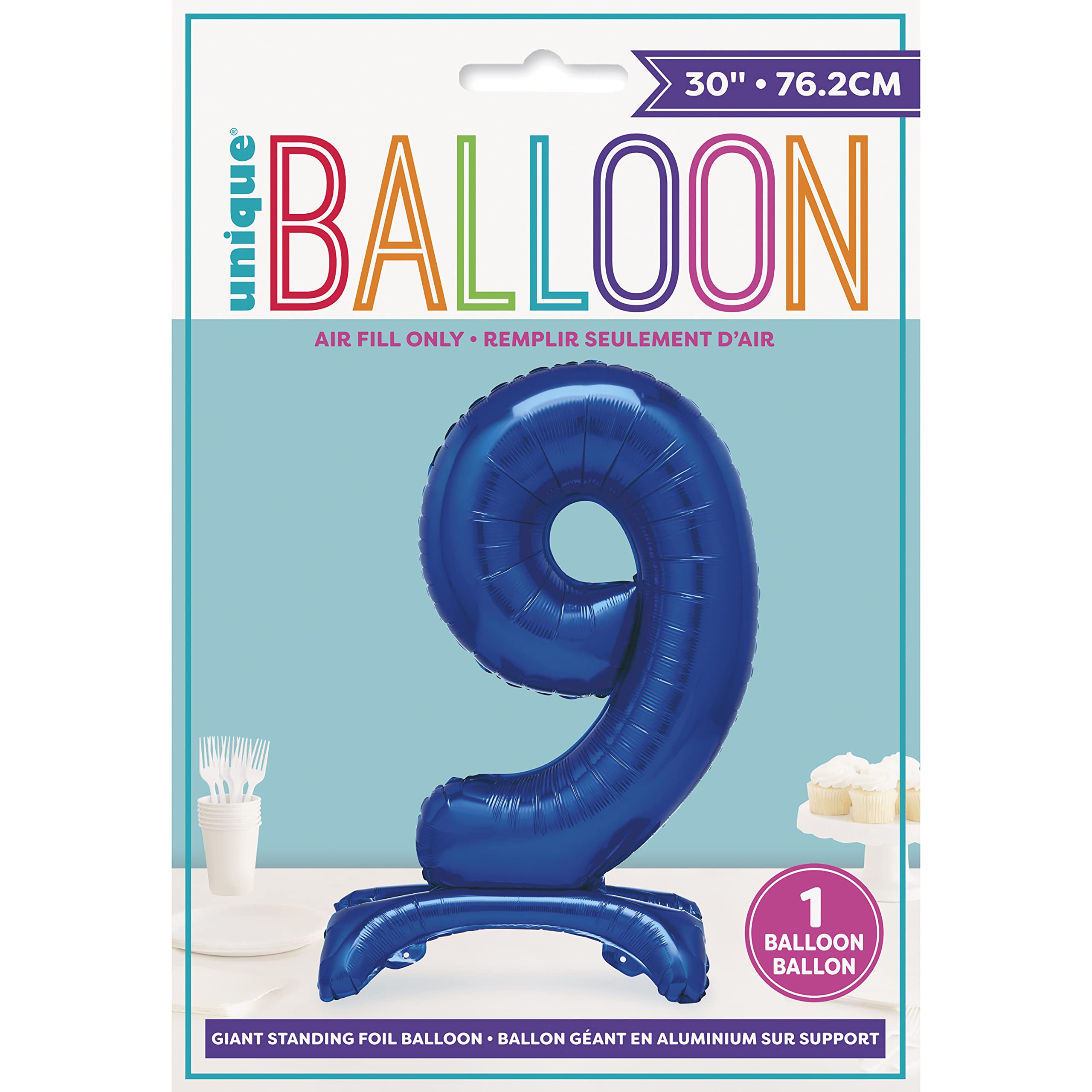 Unique Blue Standing Number 9 Foil Balloon 30" - Giant Air-Fill Party Decoration