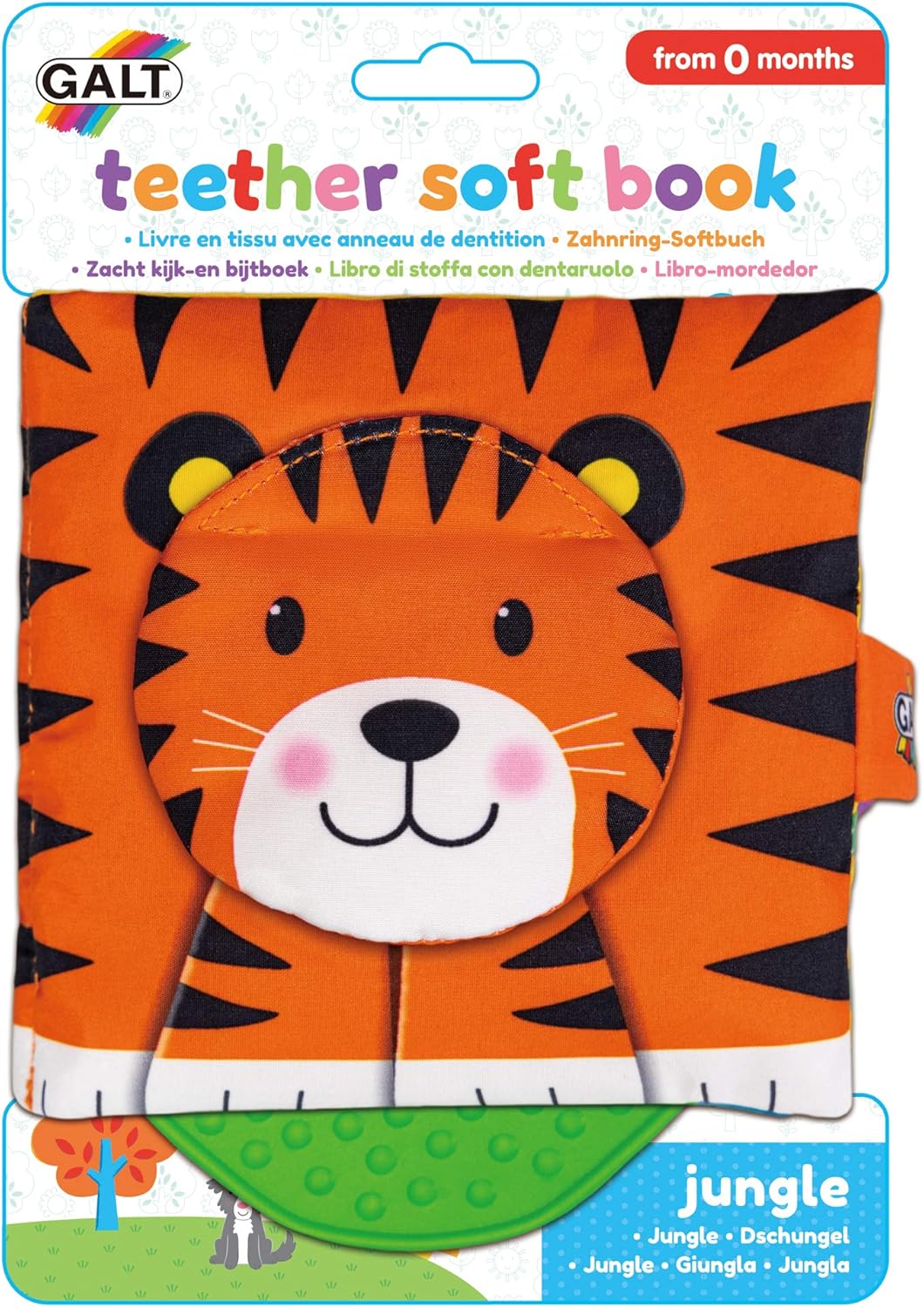 Galt Teether Soft Book - Jungle - 8-Page Crinkle Fabric Book with Squeaky Animal & Teether, Ages 0+