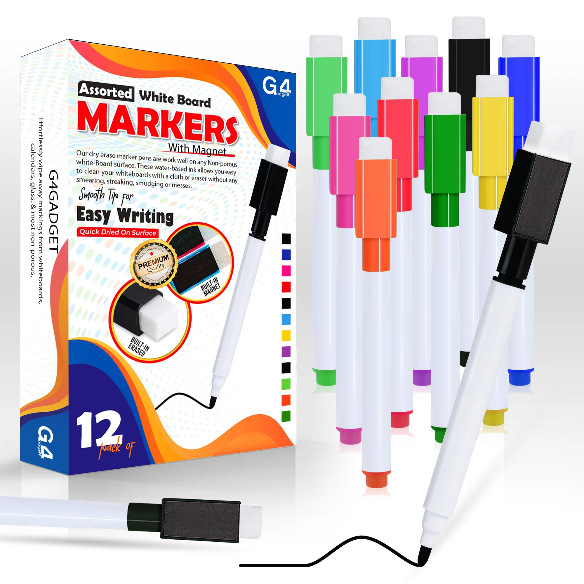 G4GADGET 12 Pack Dry Erase Markers - Magnetic Cap & Built-in Eraser | Assorted Colors 1
