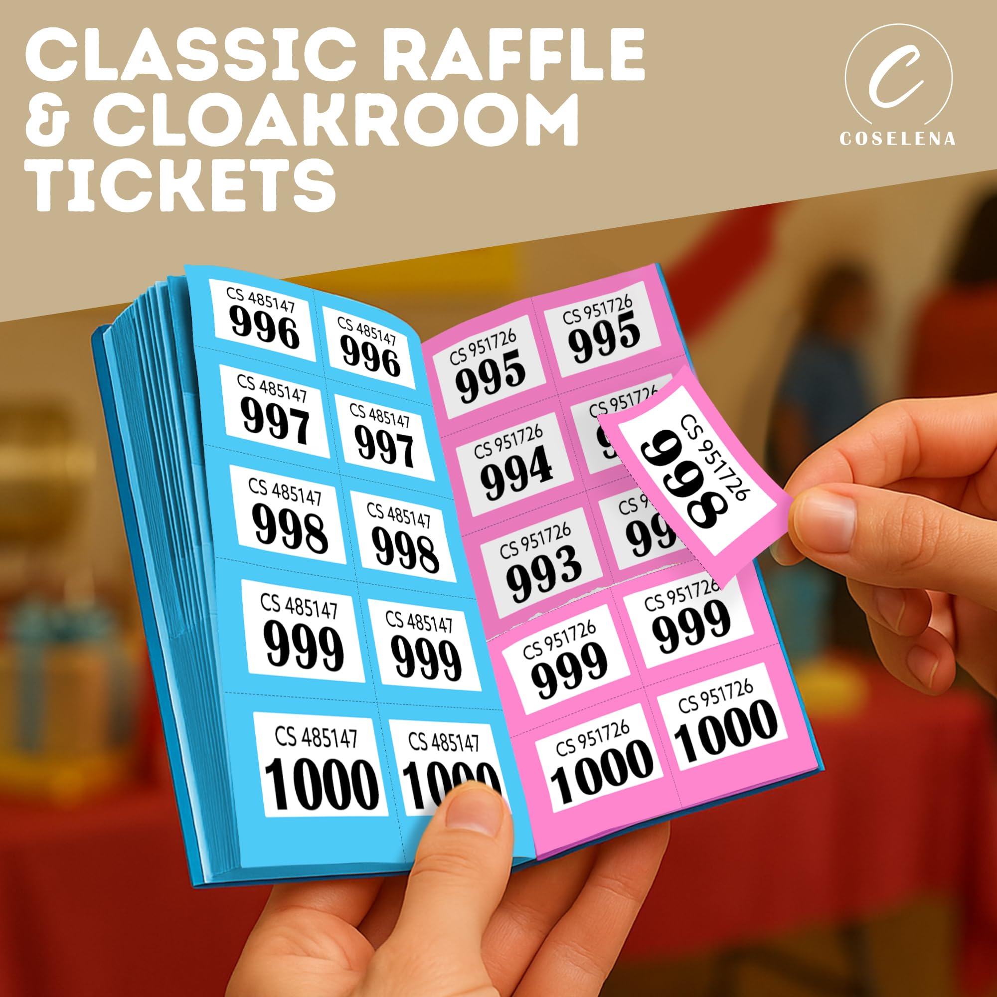 Coselena 5-Pack Numbered Cloakroom & Raffle Ticket Books – 1-1000, Assorted Colours 5