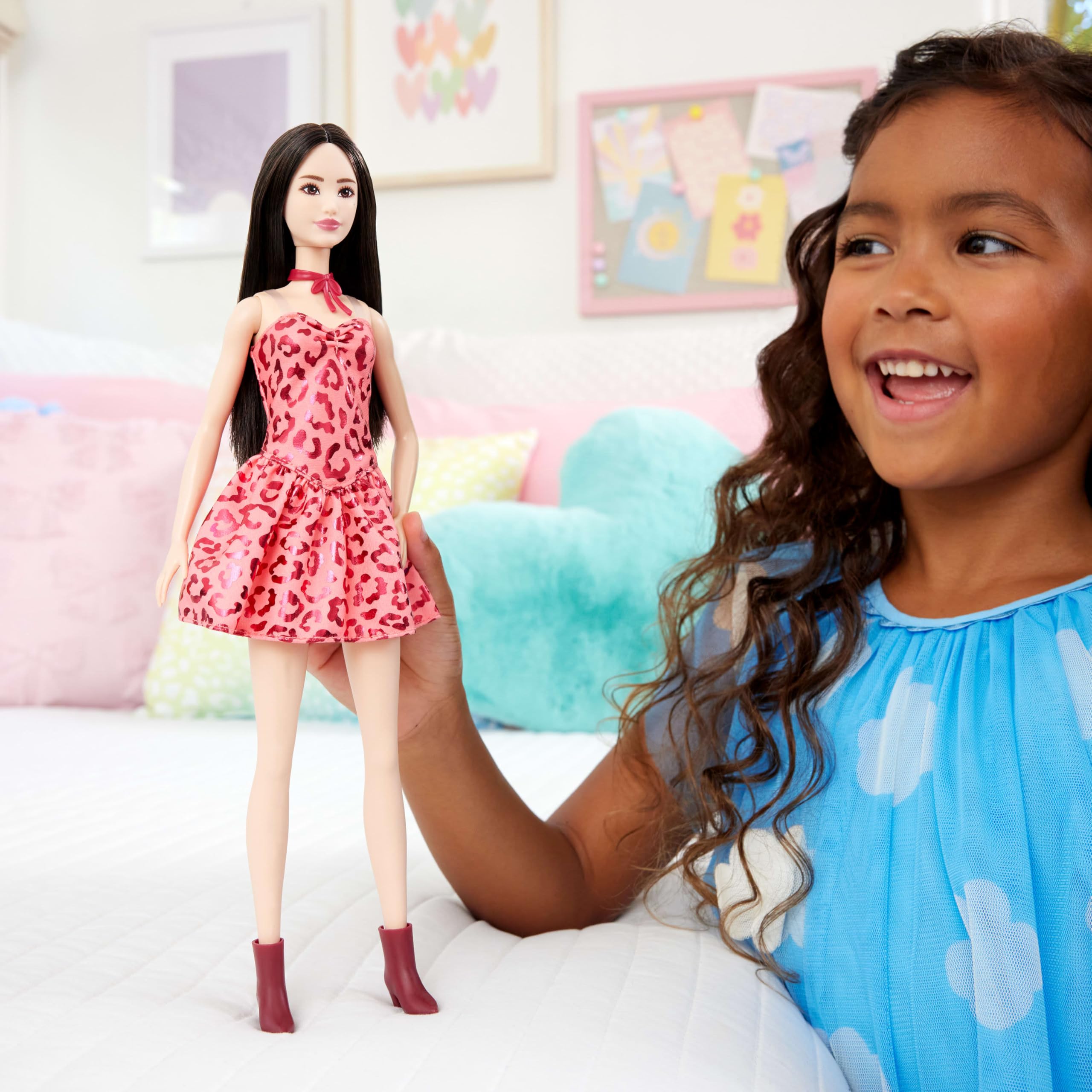 Barbie Fashionistas Doll #246 with Black Hair, Tall Body, Pink Leopard Print Strapless Dress