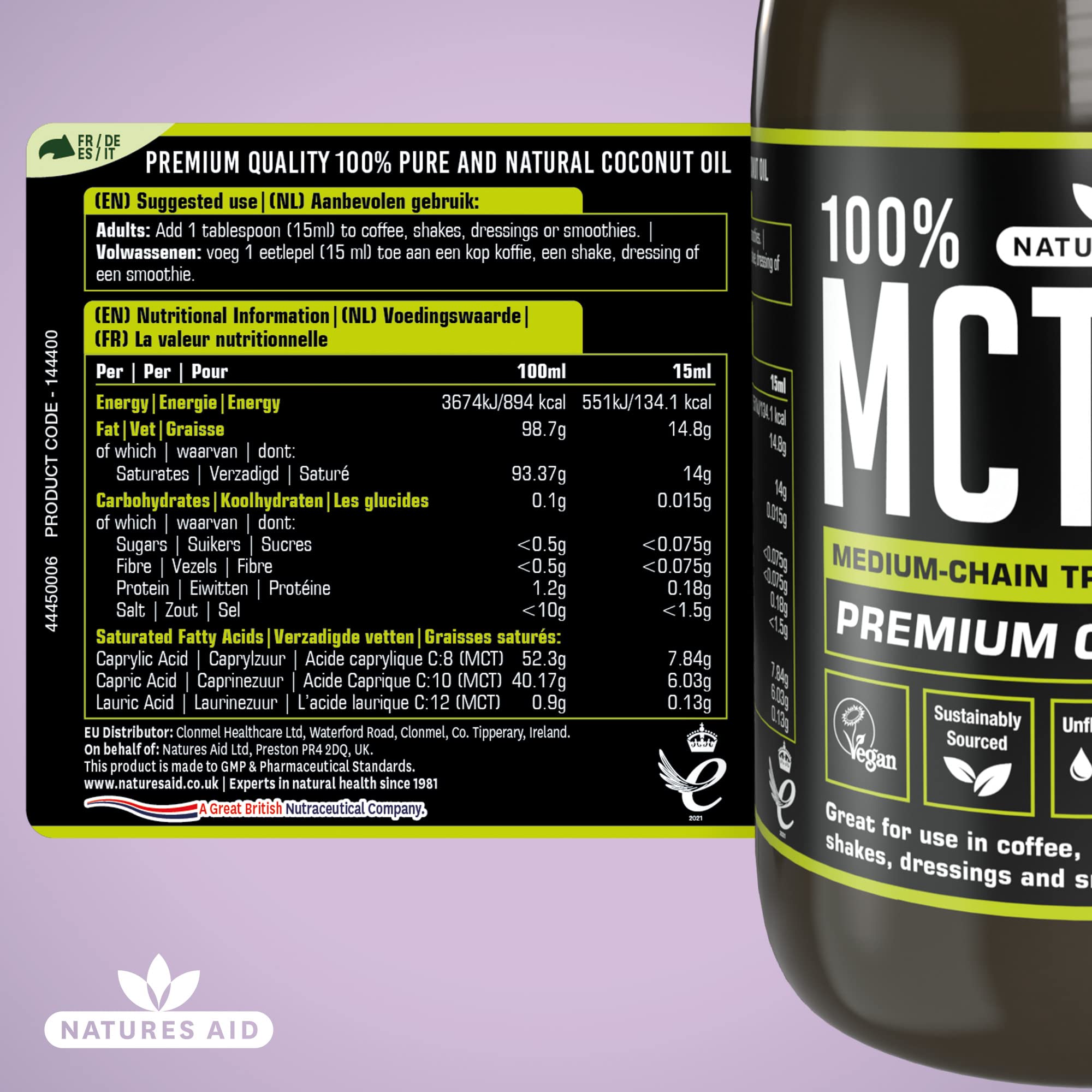 Natures Aid 100% MCT Oil 500ml - Premium Coconut MCT - Keto Friendly - Vegan, Non-GMO, Gluten-Free 6