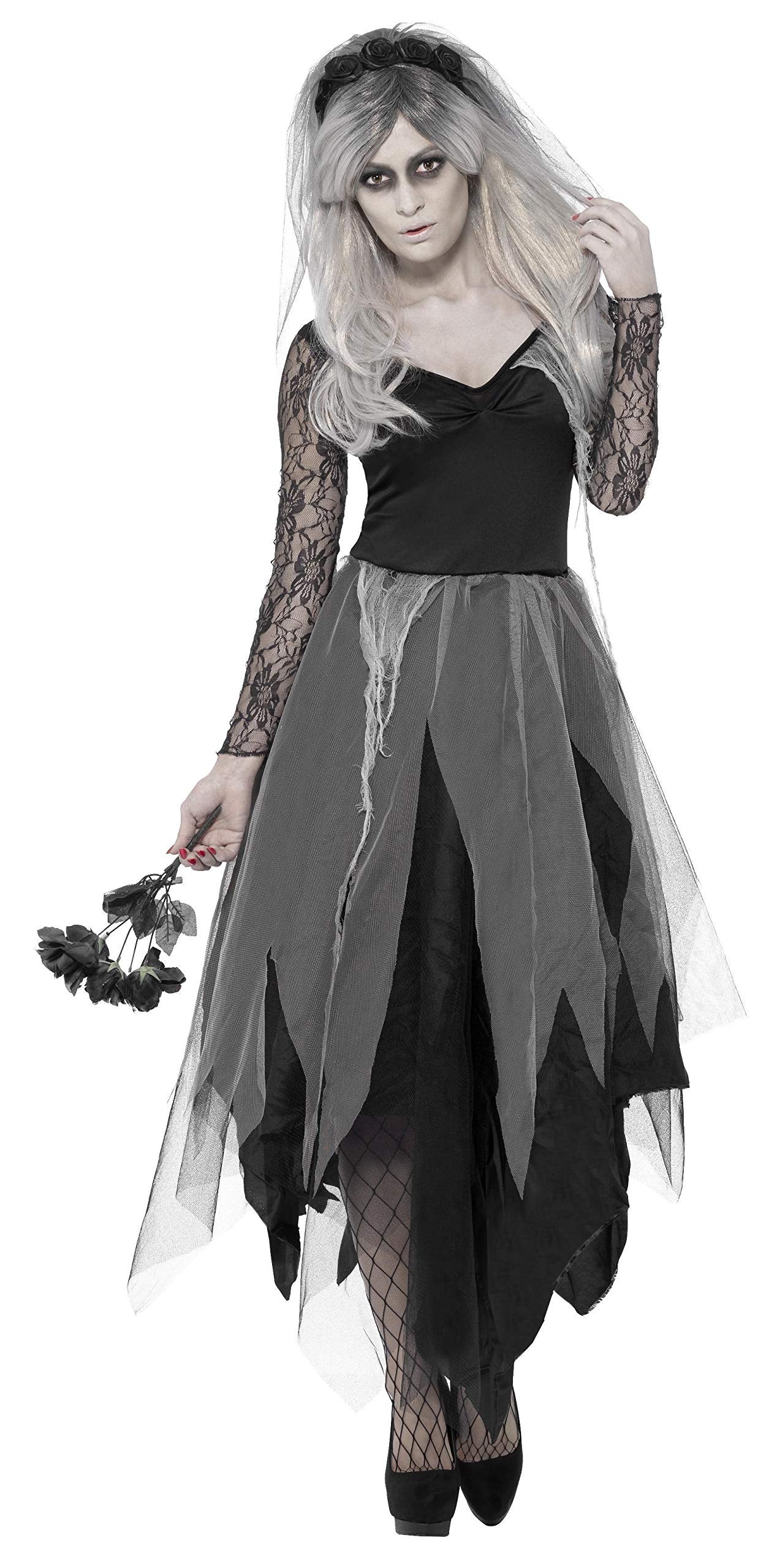 Smiffys Graveyard Bride Costume - Adult Black Dress with Rose Veil