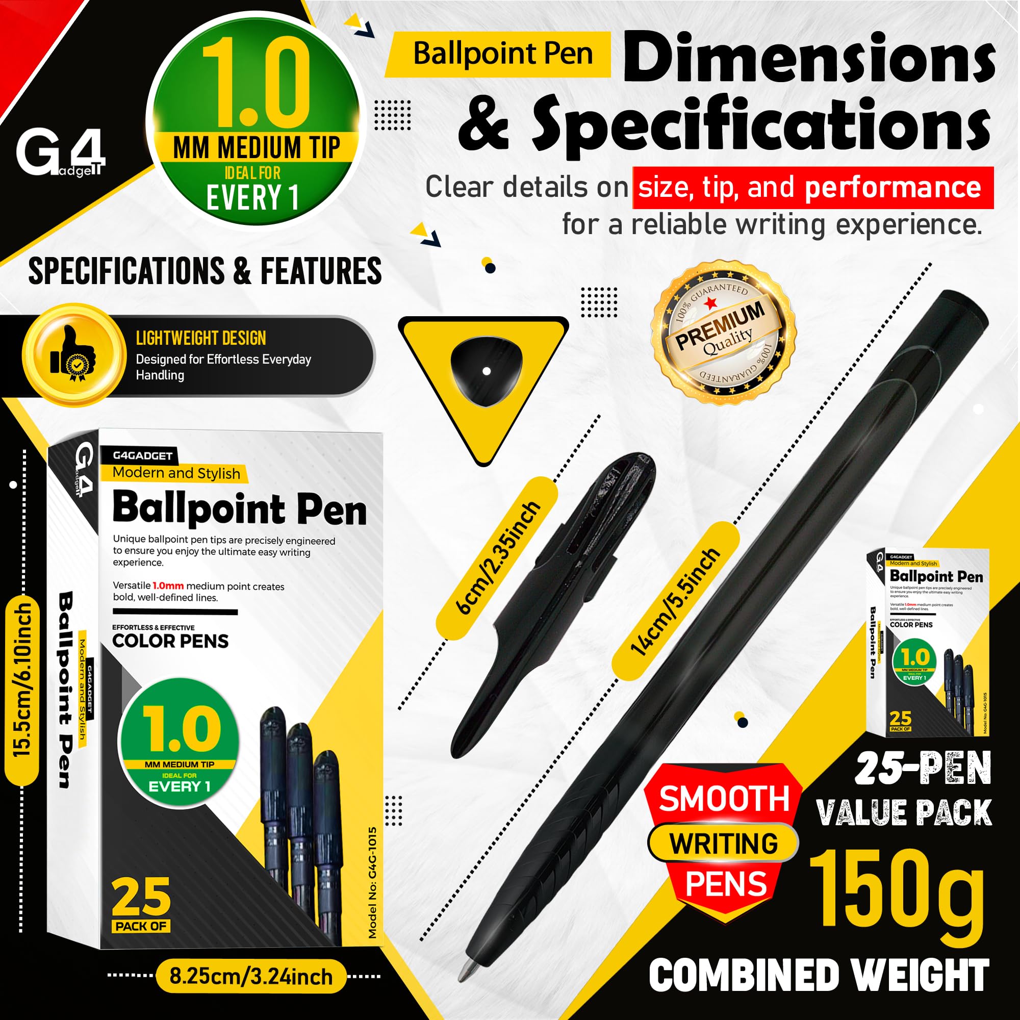 G4GADGET Ballpoint Pens - 25 Pack Black Ink, 1.0mm Medium Point, Quick-Dry | Smooth Writing