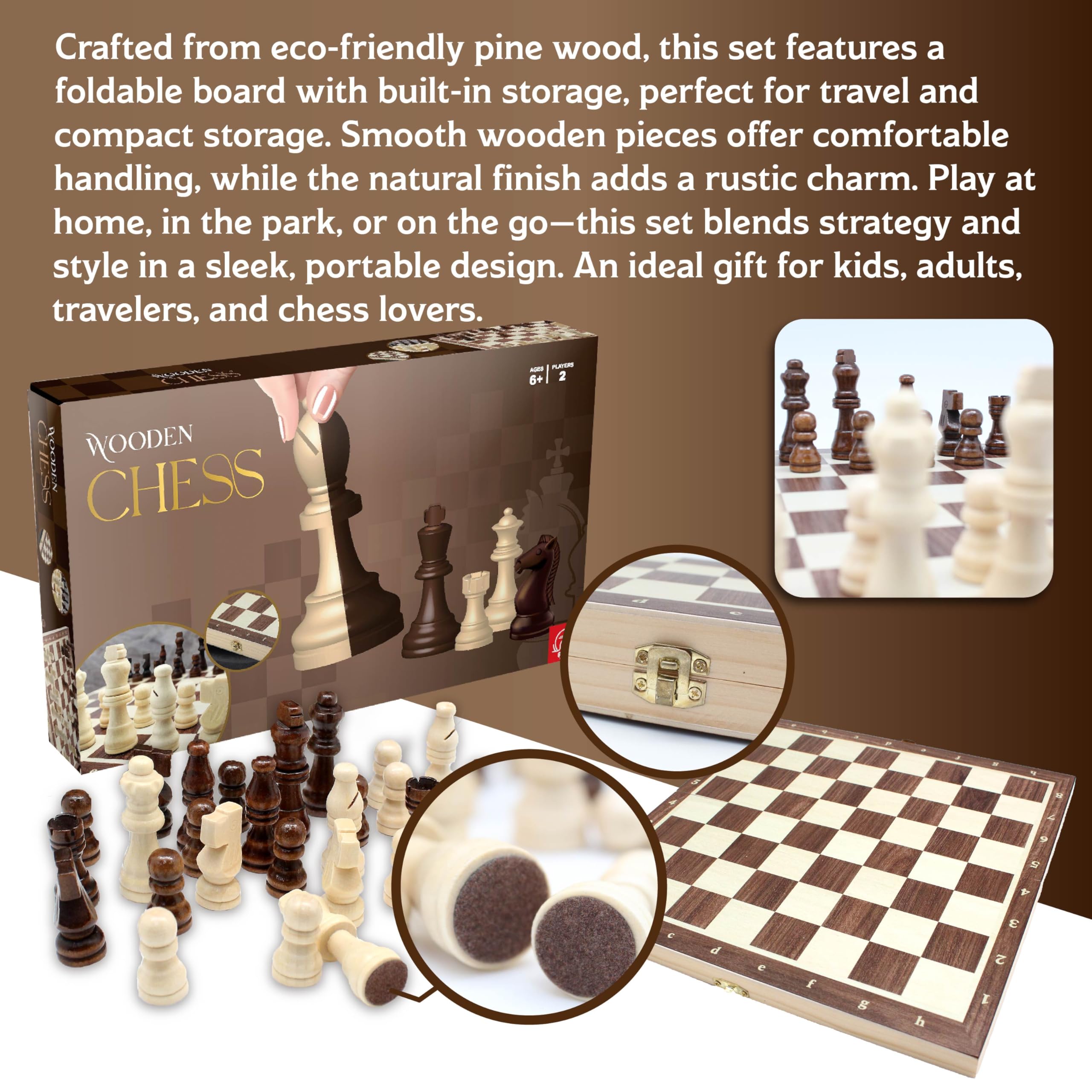 Roo Games Wooden Chess Set - Foldable Eco-Pine Travel Chess Board with Storage 5
