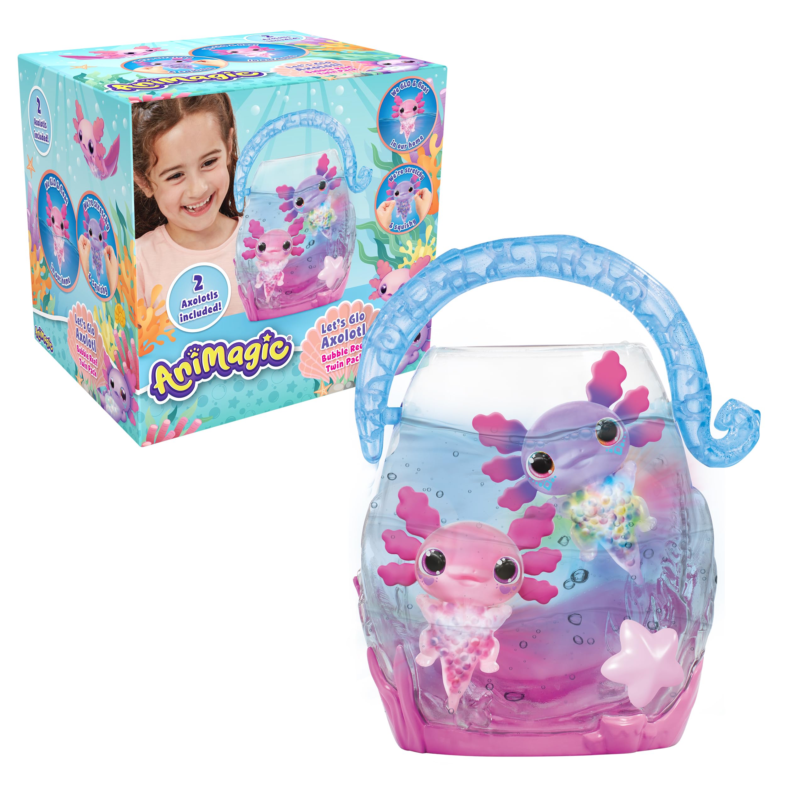 Animagic Let's Glo Axolotl Bubble Reef Twin Pack - Interactive Light-Up Electronic Pet Playset for Kids 6